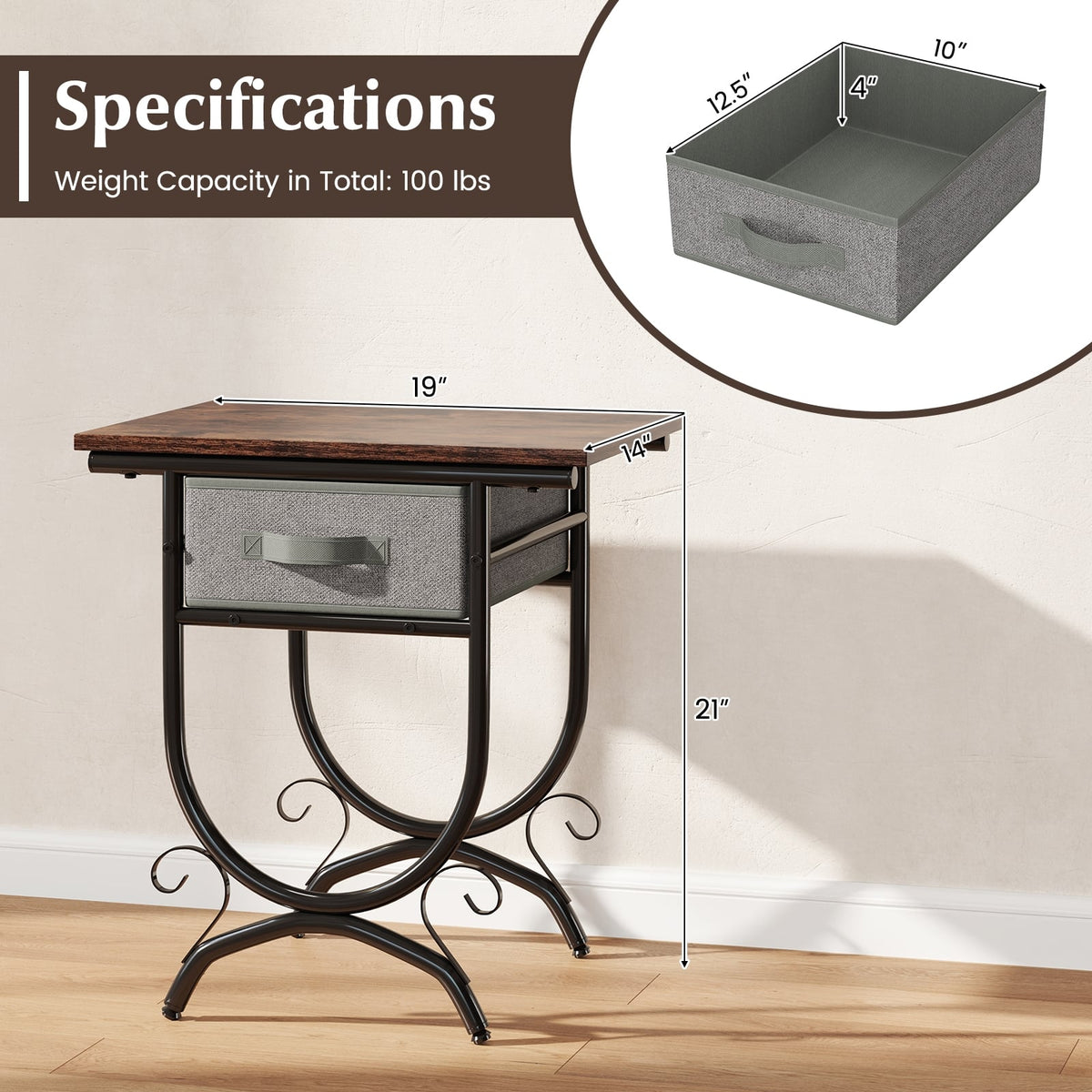 Side Table with Fabric Drawer and Carved Metal Frame for Living Room-Nightstands-DECOROLALA