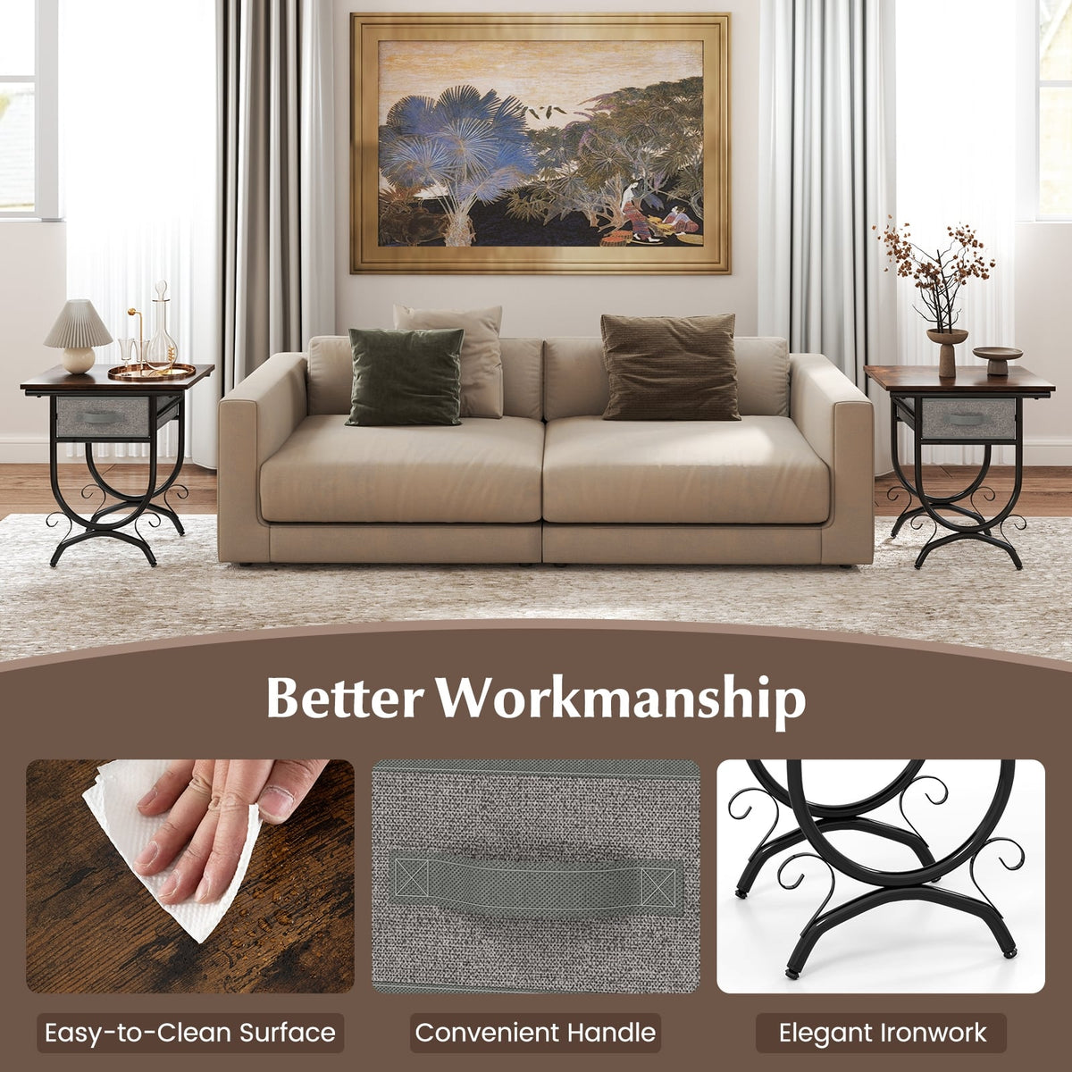 Side Table with Fabric Drawer and Carved Metal Frame for Living Room-Nightstands-DECOROLALA