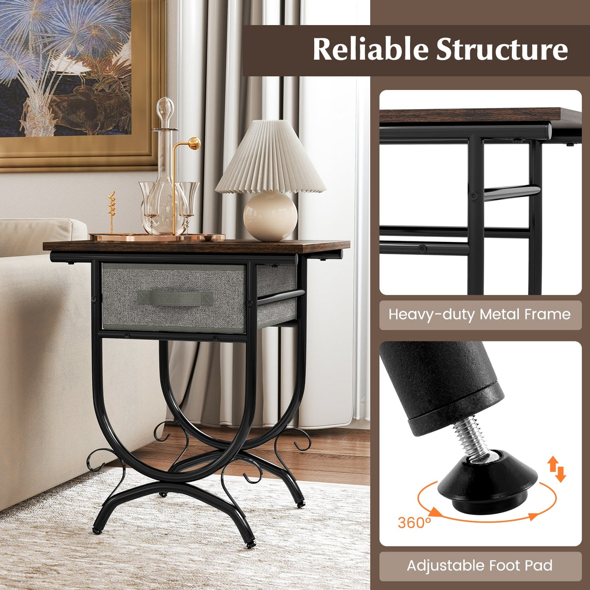 Side Table with Fabric Drawer and Carved Metal Frame for Living Room-Nightstands-DECOROLALA