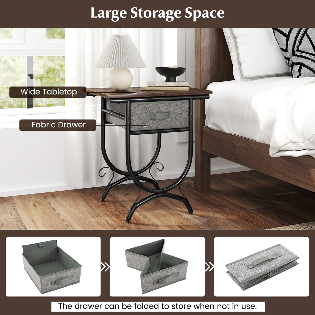 Side Table with Fabric Drawer and Carved Metal Frame for Living Room-Nightstands-DECOROLALA