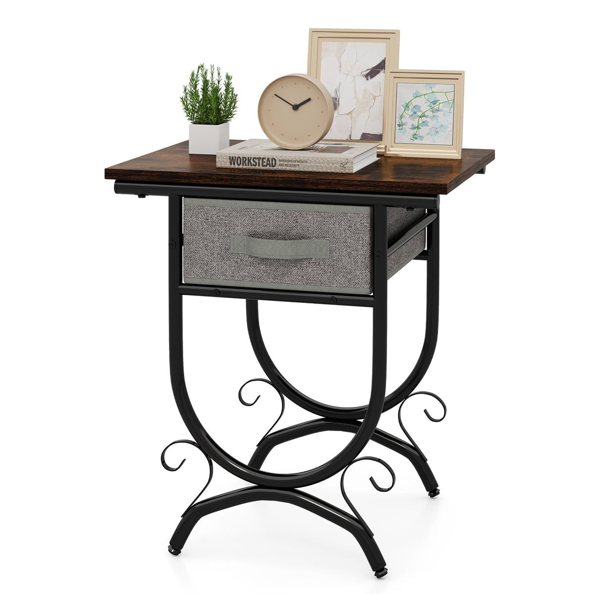 Side Table with Fabric Drawer and Carved Metal Frame for Living Room-Nightstands-DECOROLALA