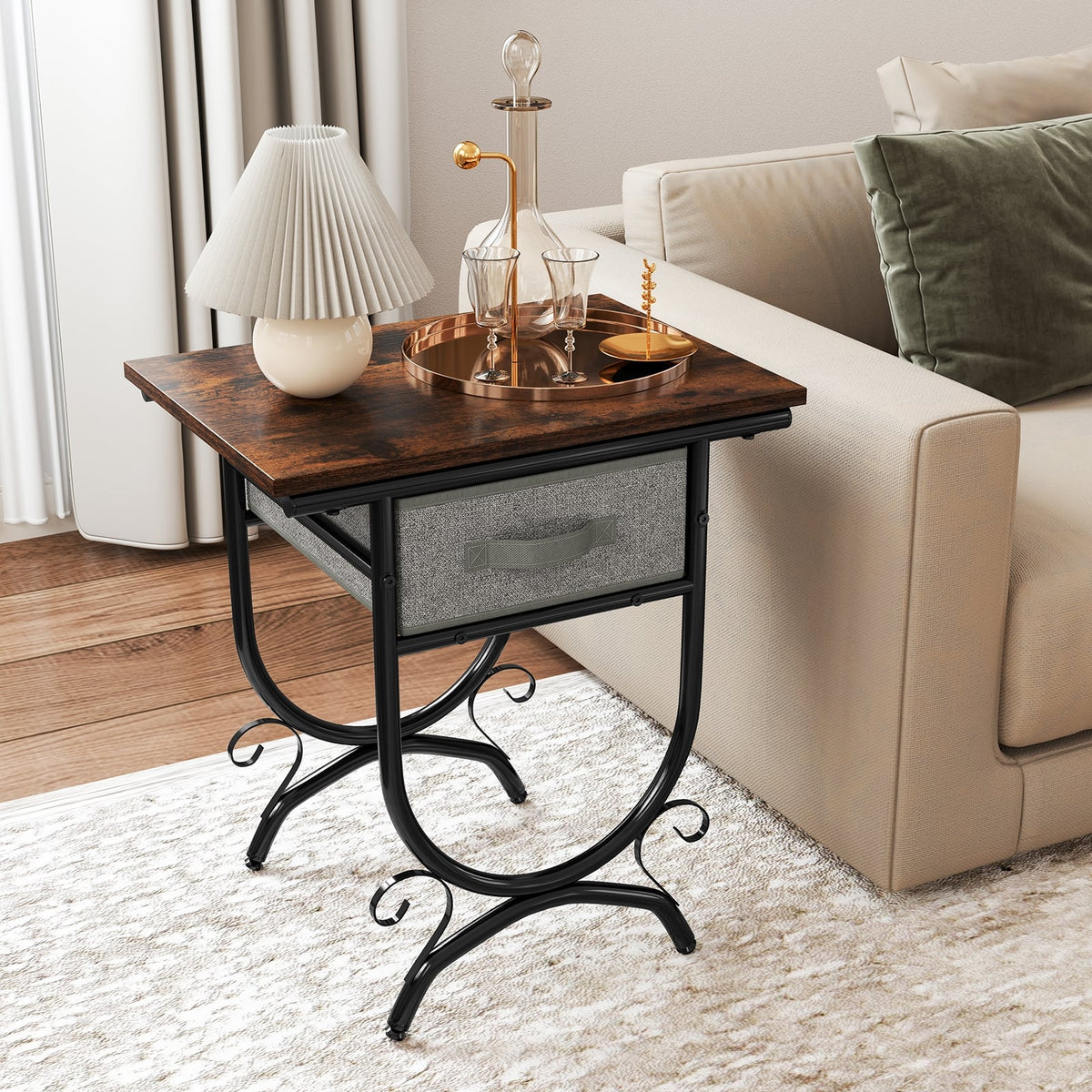 Side Table with Fabric Drawer and Carved Metal Frame for Living Room-Nightstands-DECOROLALA