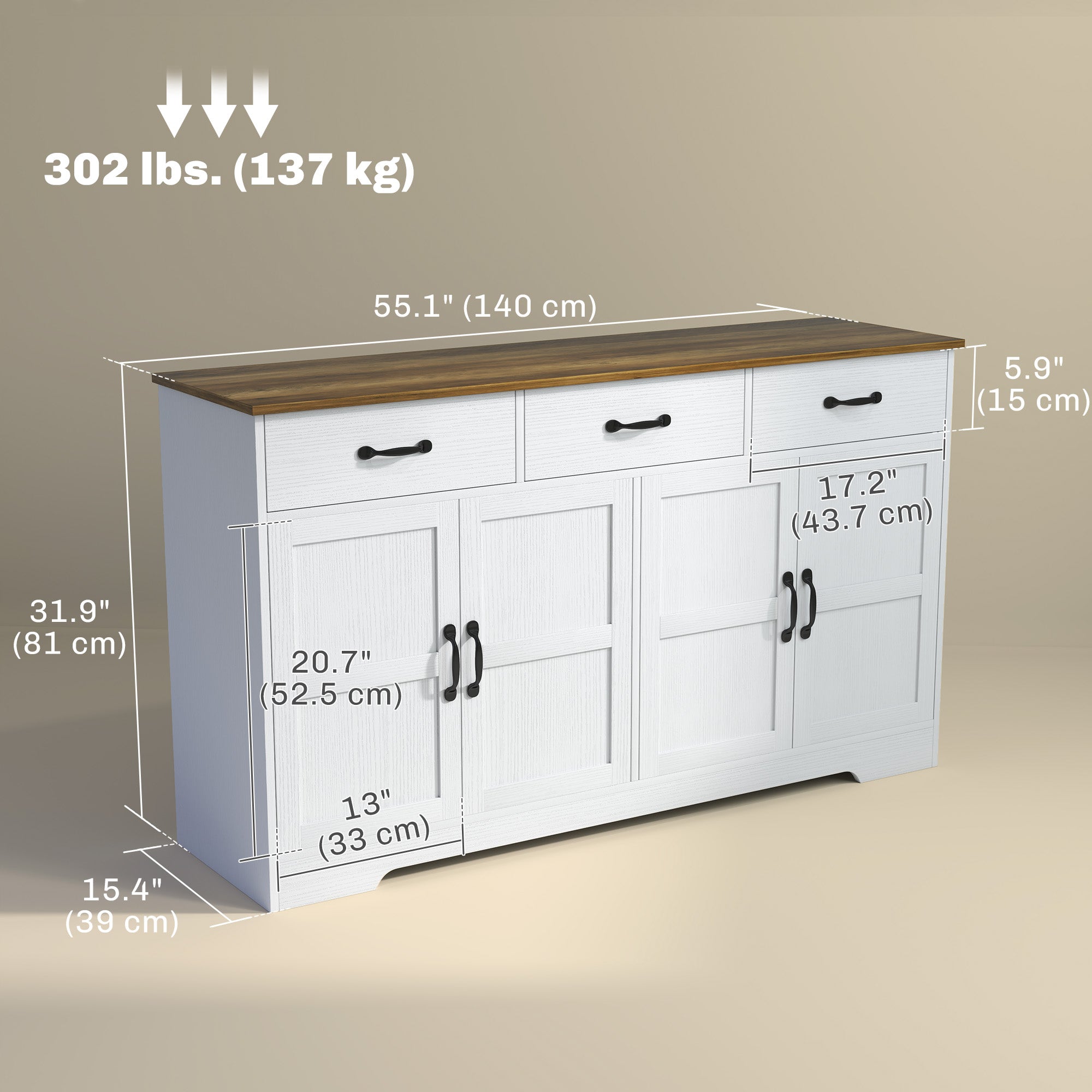 Sideboard Buffet Cabinet, 3 Drawers, Adjustable Shelves, Distressed White-DECOROLALA