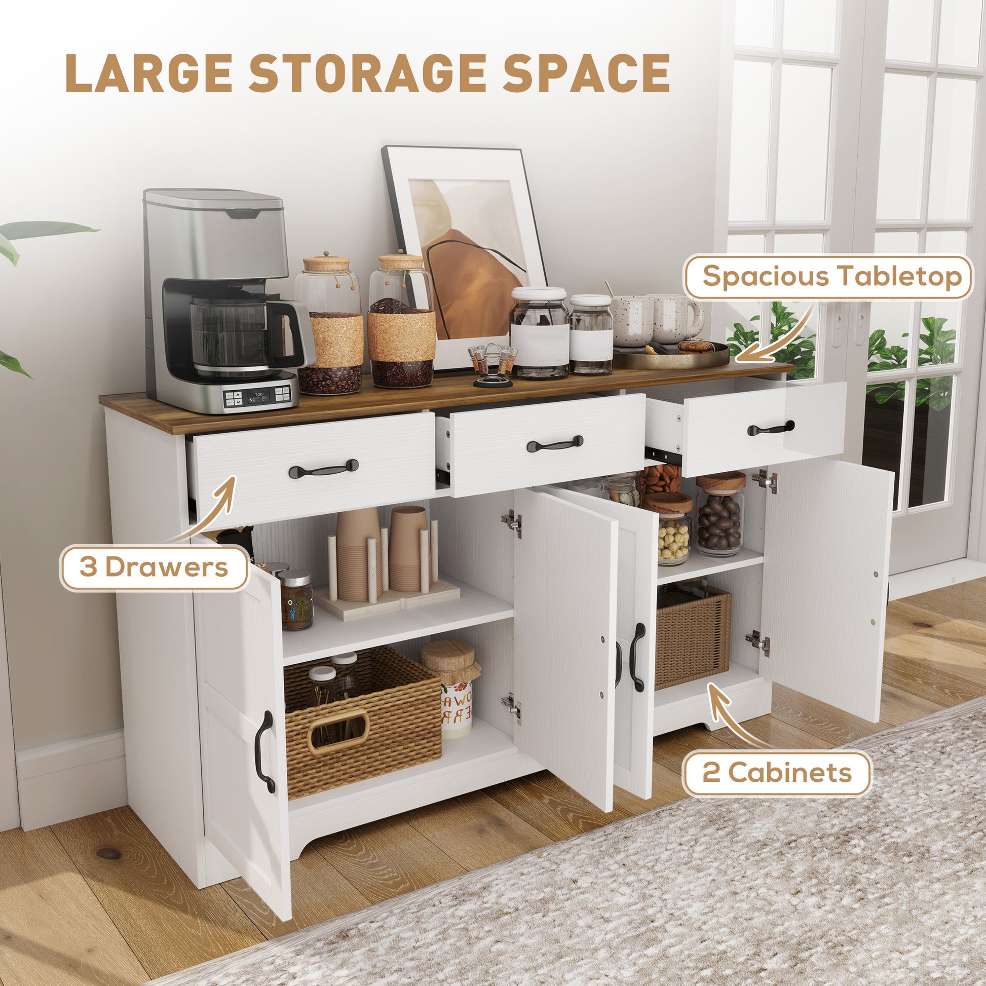 Sideboard Buffet Cabinet, 3 Drawers, Adjustable Shelves, Distressed White-DECOROLALA