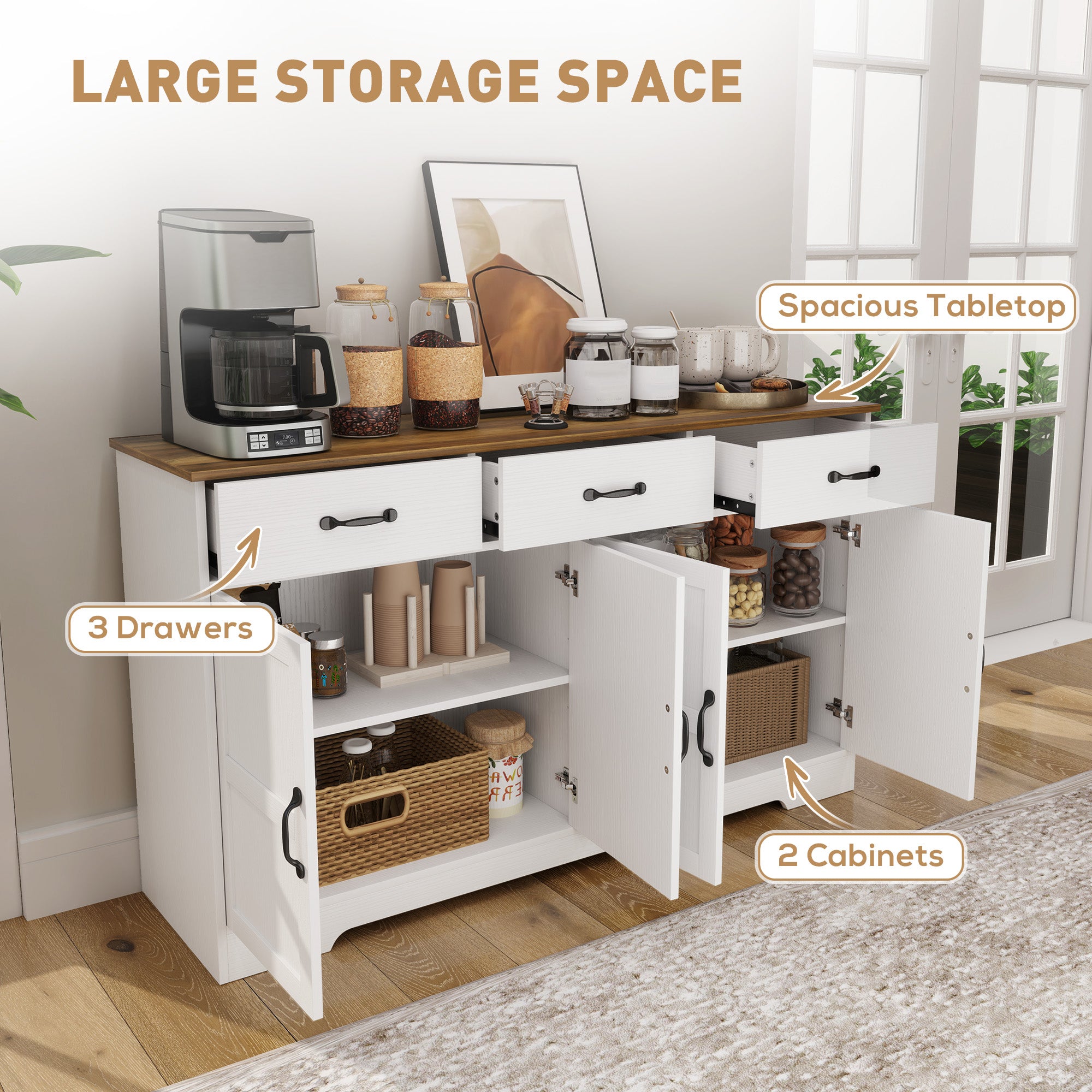 Sideboard Buffet Cabinet, 3 Drawers, Adjustable Shelves, Distressed White-DECOROLALA