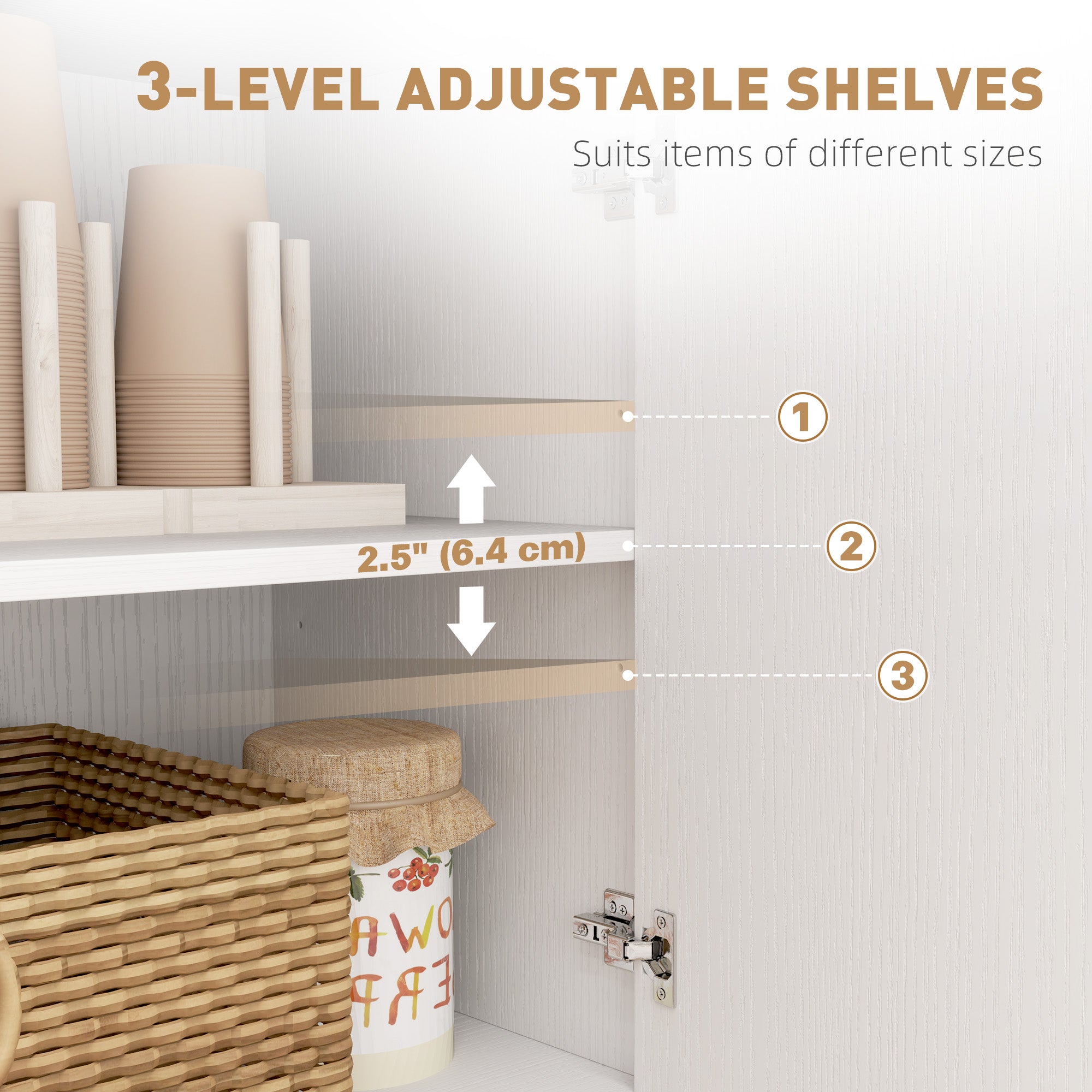 Sideboard Buffet Cabinet, 3 Drawers, Adjustable Shelves, Distressed White-DECOROLALA