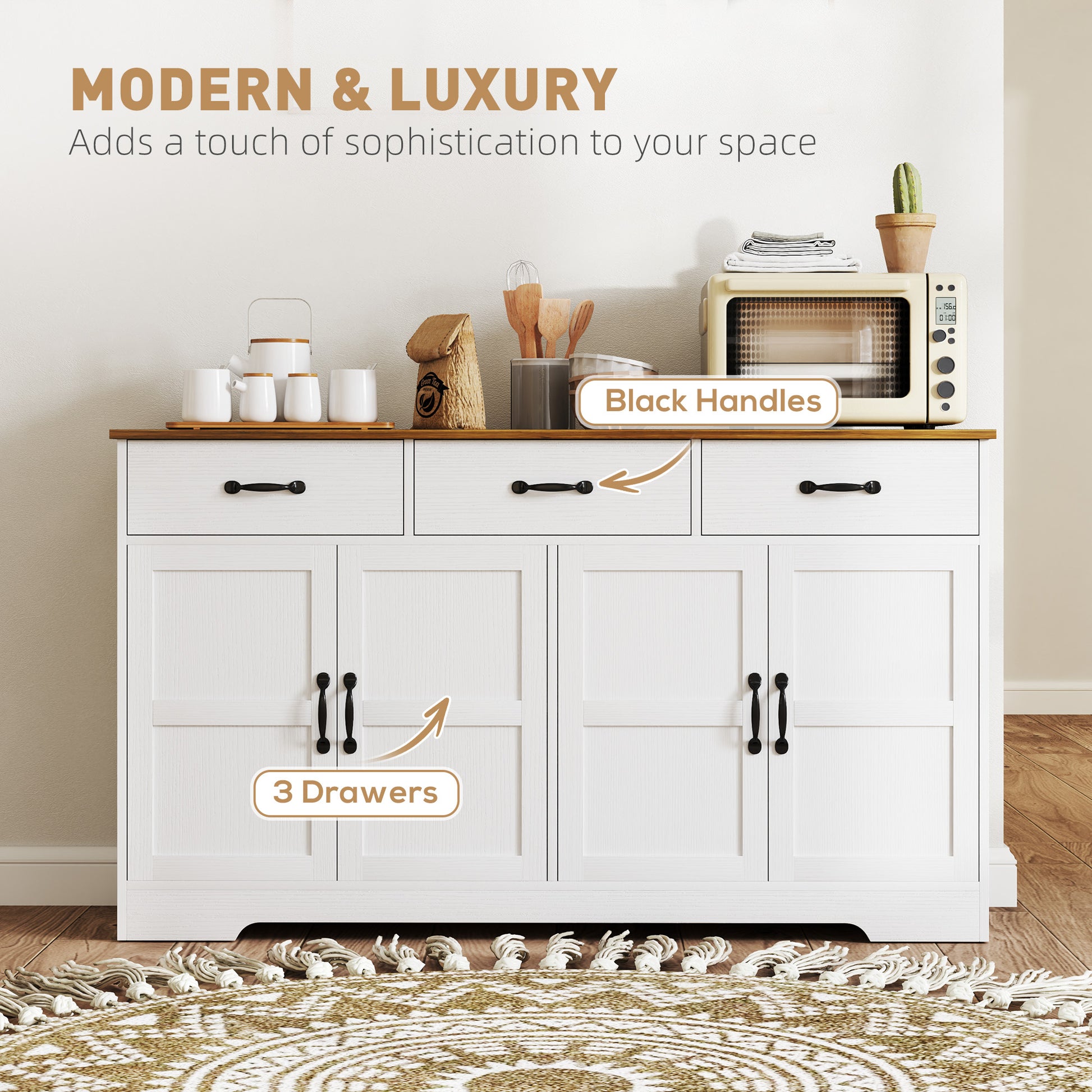 Sideboard Buffet Cabinet, 3 Drawers, Adjustable Shelves, Distressed White-DECOROLALA