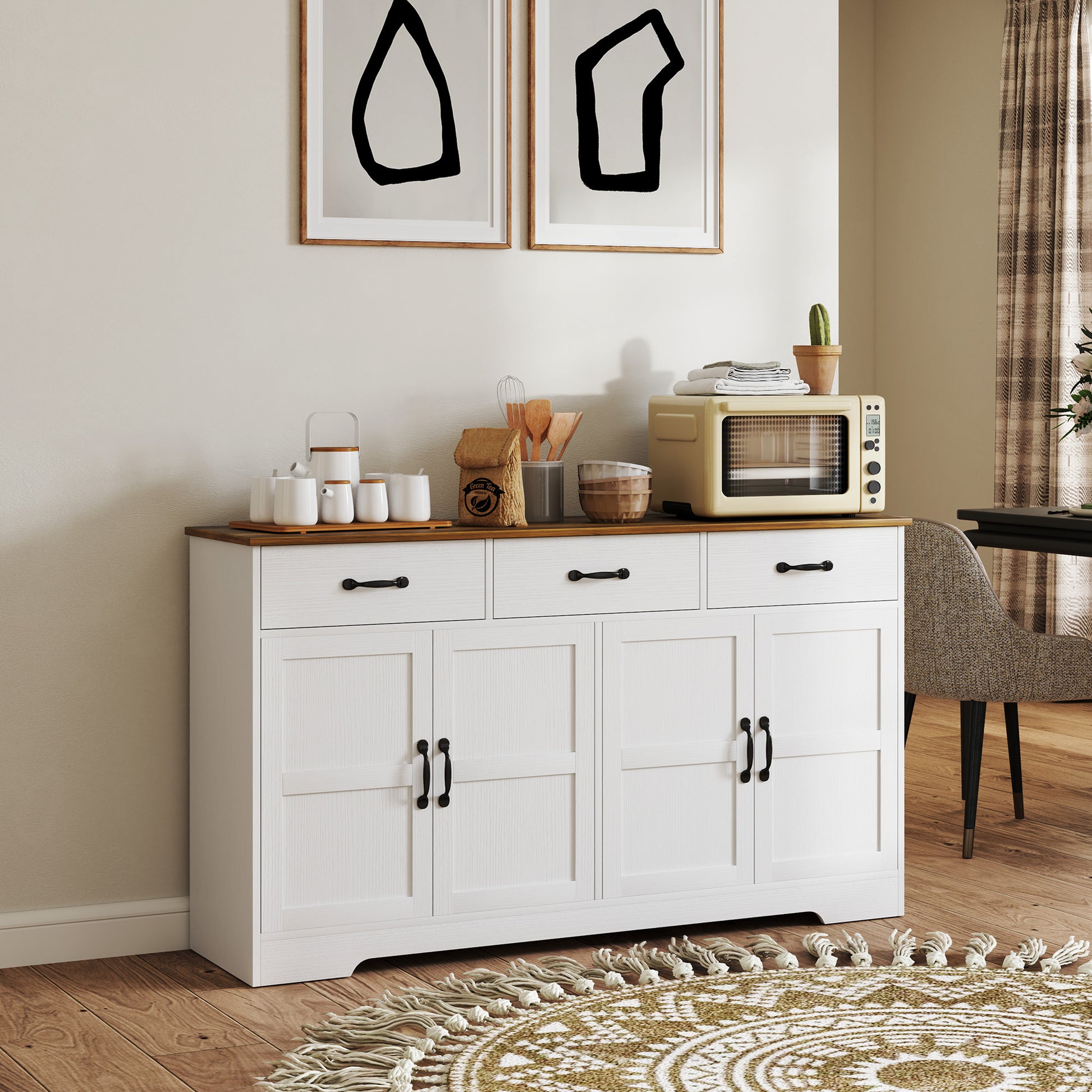 Sideboard Buffet Cabinet, 3 Drawers, Adjustable Shelves, Distressed White-DECOROLALA