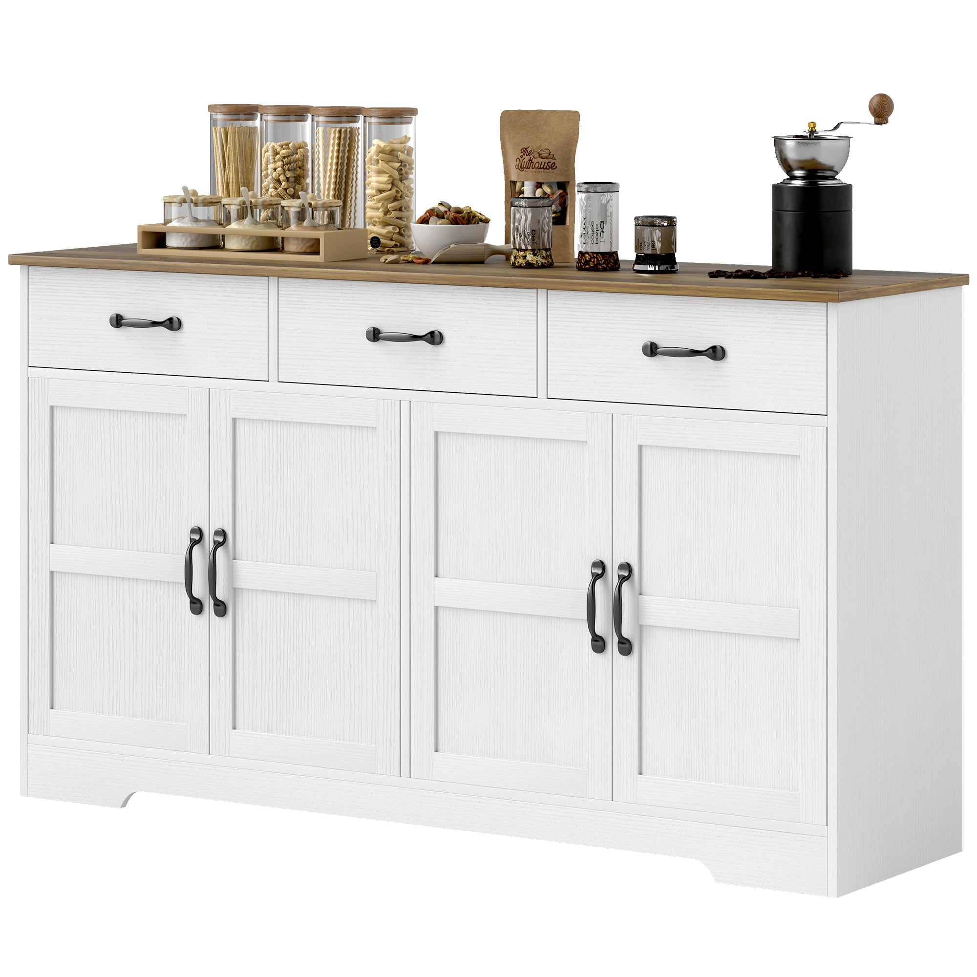 Sideboard Buffet Cabinet, 3 Drawers, Adjustable Shelves, Distressed White-DECOROLALA
