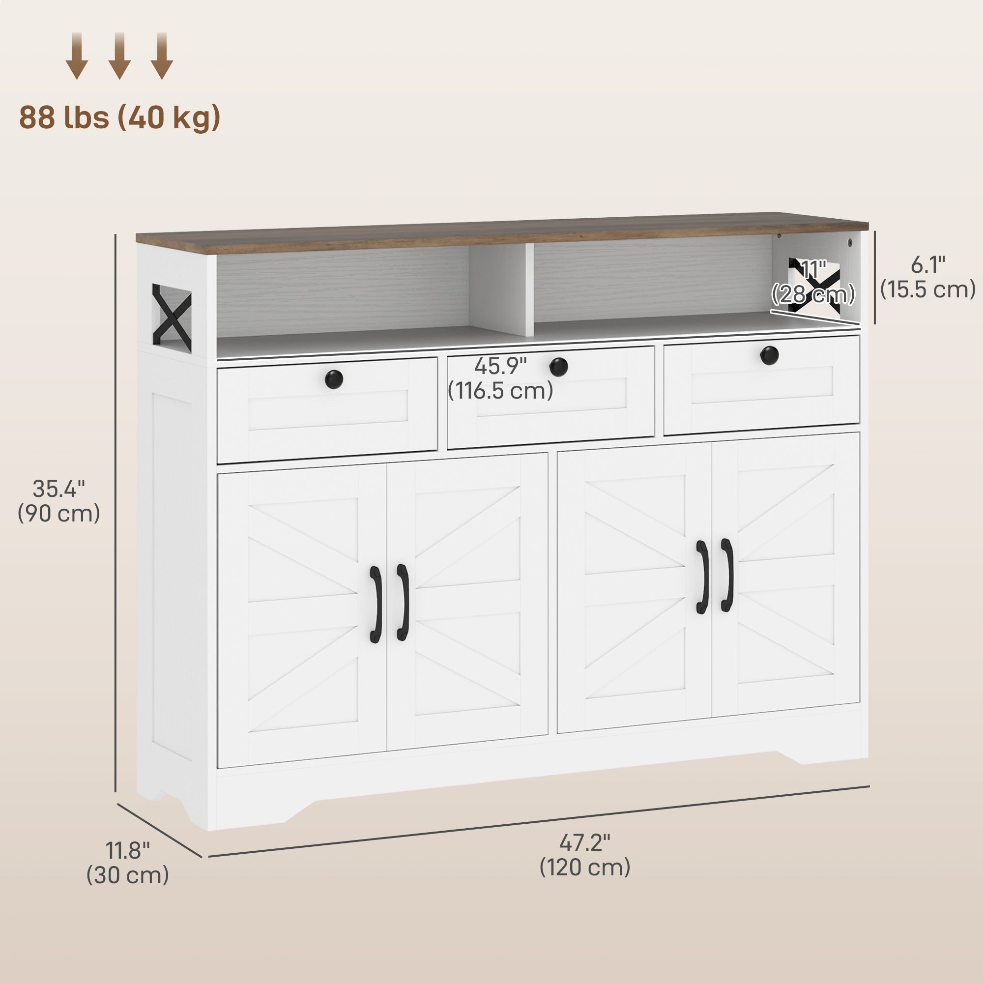 Sideboard Buffet Cabinet, 4 Barn Doors, 3 Drawers, White-DECOROLALA
