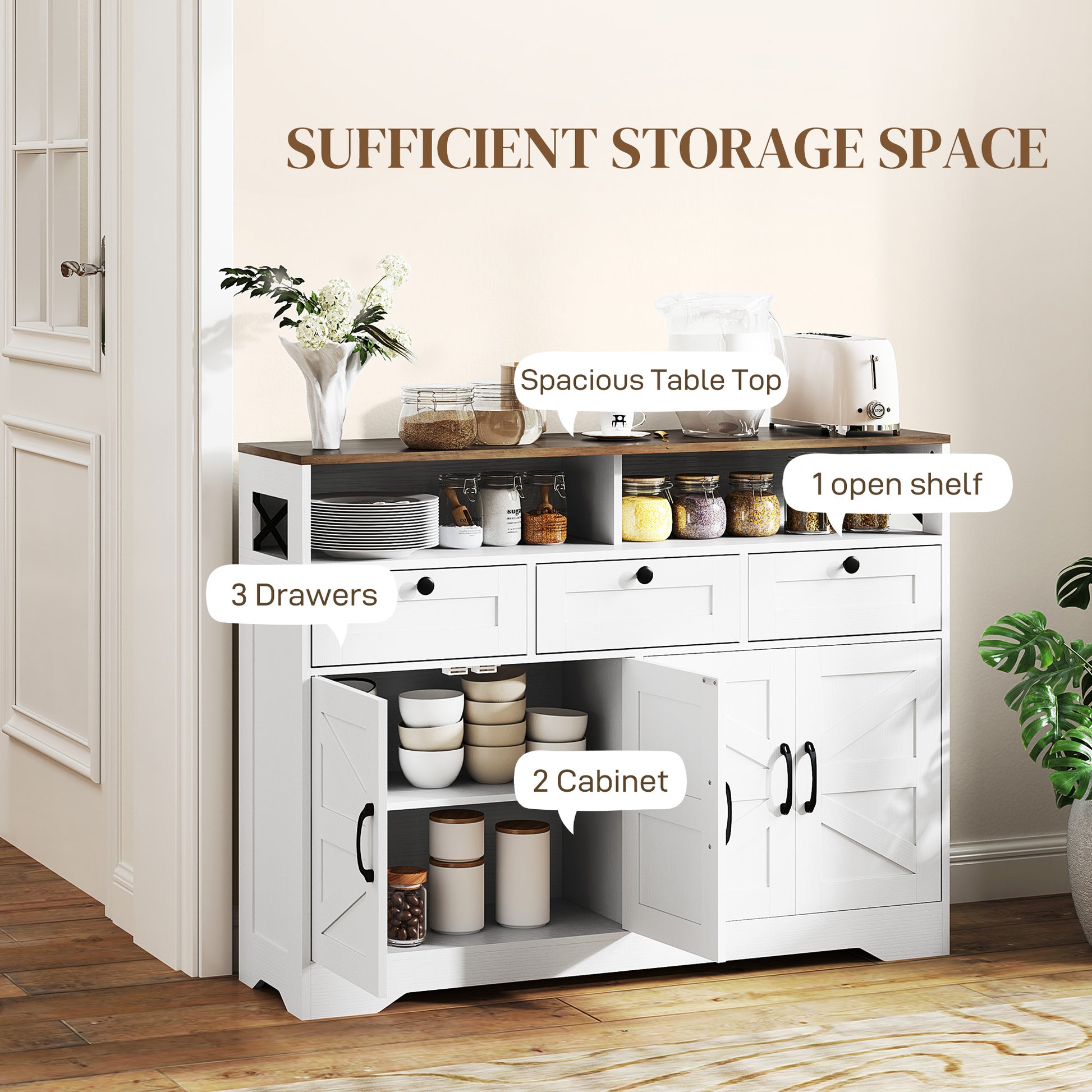 Sideboard Buffet Cabinet, 4 Barn Doors, 3 Drawers, White-DECOROLALA