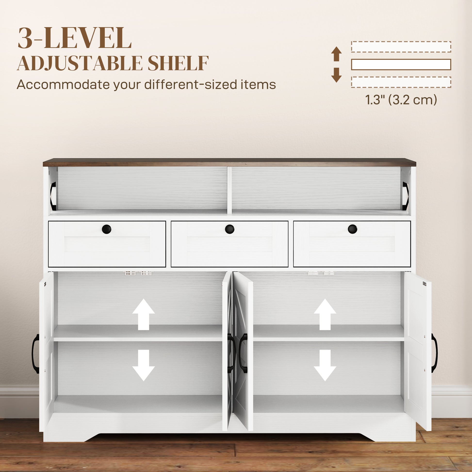 Sideboard Buffet Cabinet, 4 Barn Doors, 3 Drawers, White-DECOROLALA