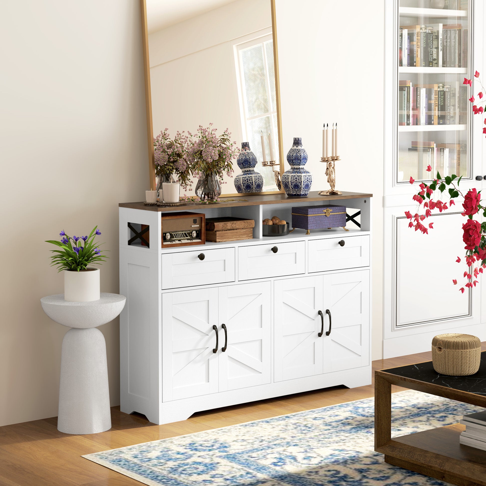 Sideboard Buffet Cabinet, 4 Barn Doors, 3 Drawers, White-DECOROLALA