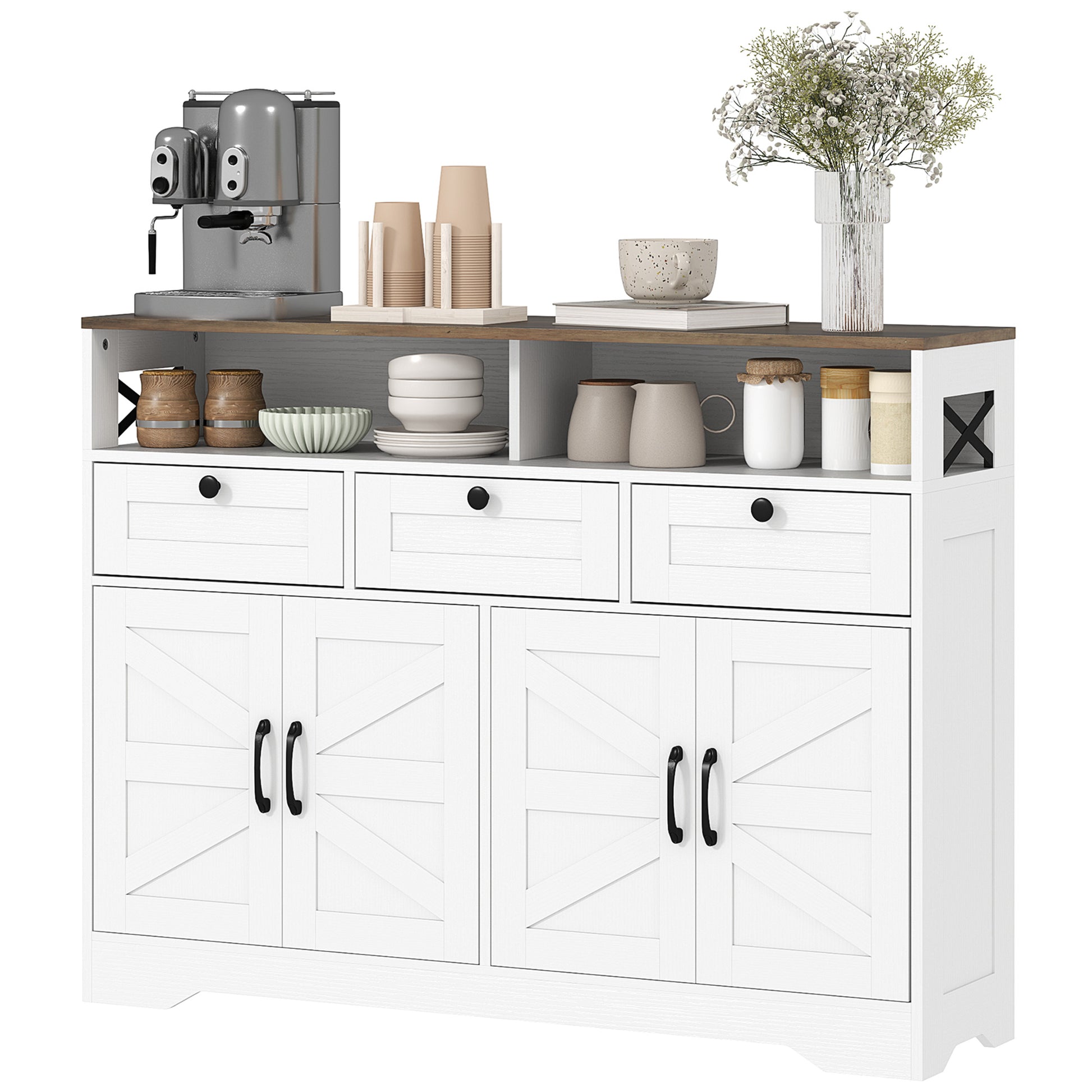 Sideboard Buffet Cabinet, 4 Barn Doors, 3 Drawers, White-DECOROLALA
