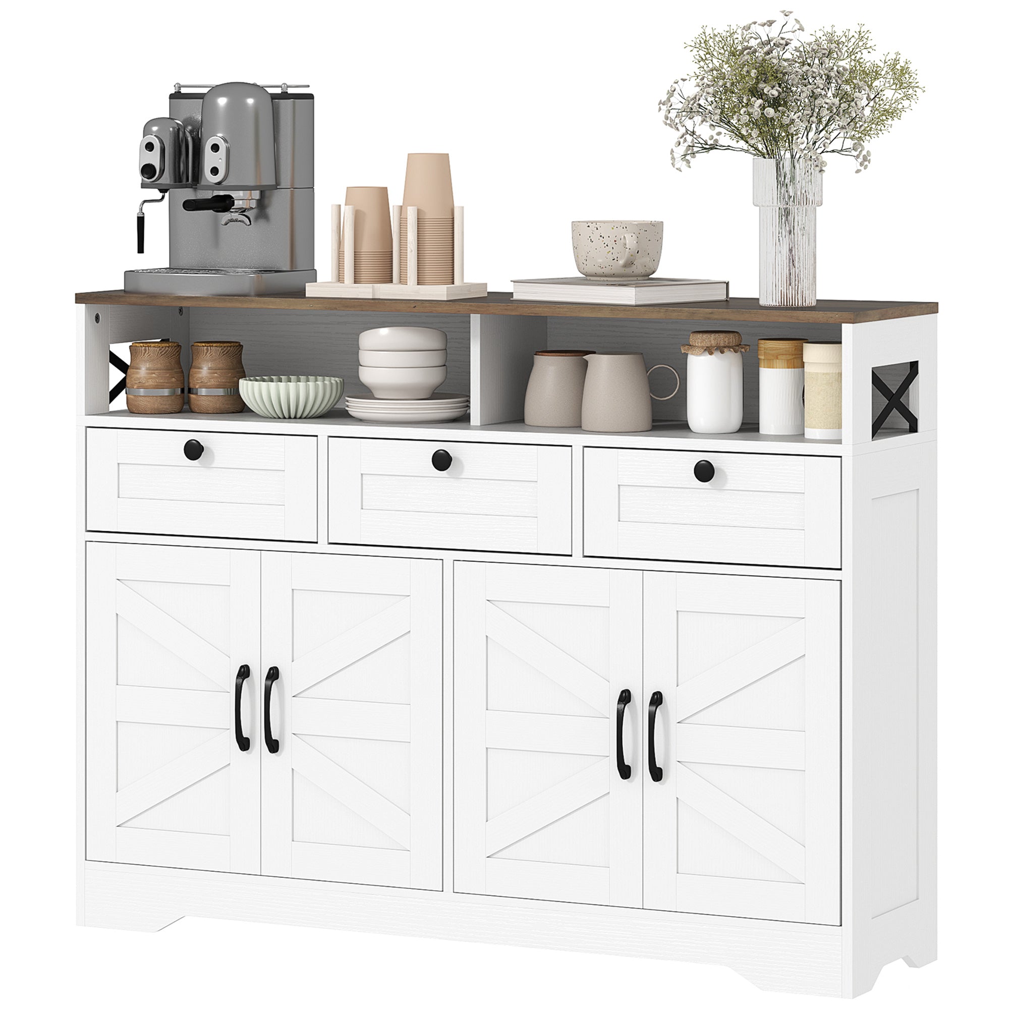 Sideboard Buffet Cabinet, 4 Barn Doors, 3 Drawers, White-DECOROLALA