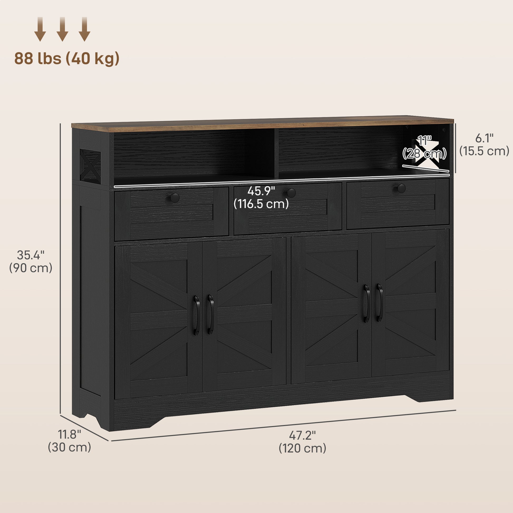 Sideboard Buffet Cabinet, Black, 4 Barn Doors, 3 Drawers, Adjustable Shelves-DECOROLALA