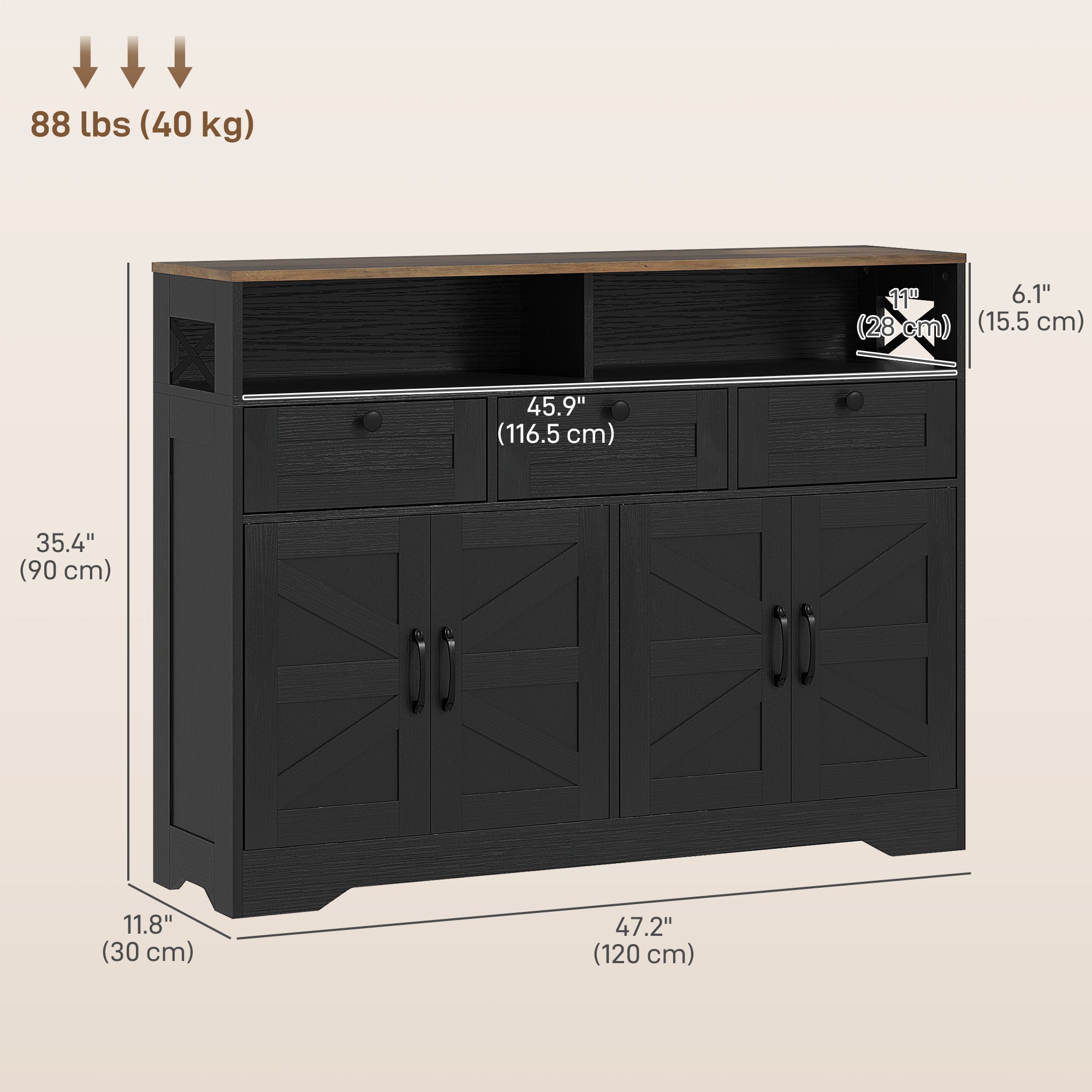 Sideboard Buffet Cabinet, Black, 4 Barn Doors, 3 Drawers, Adjustable Shelves-DECOROLALA