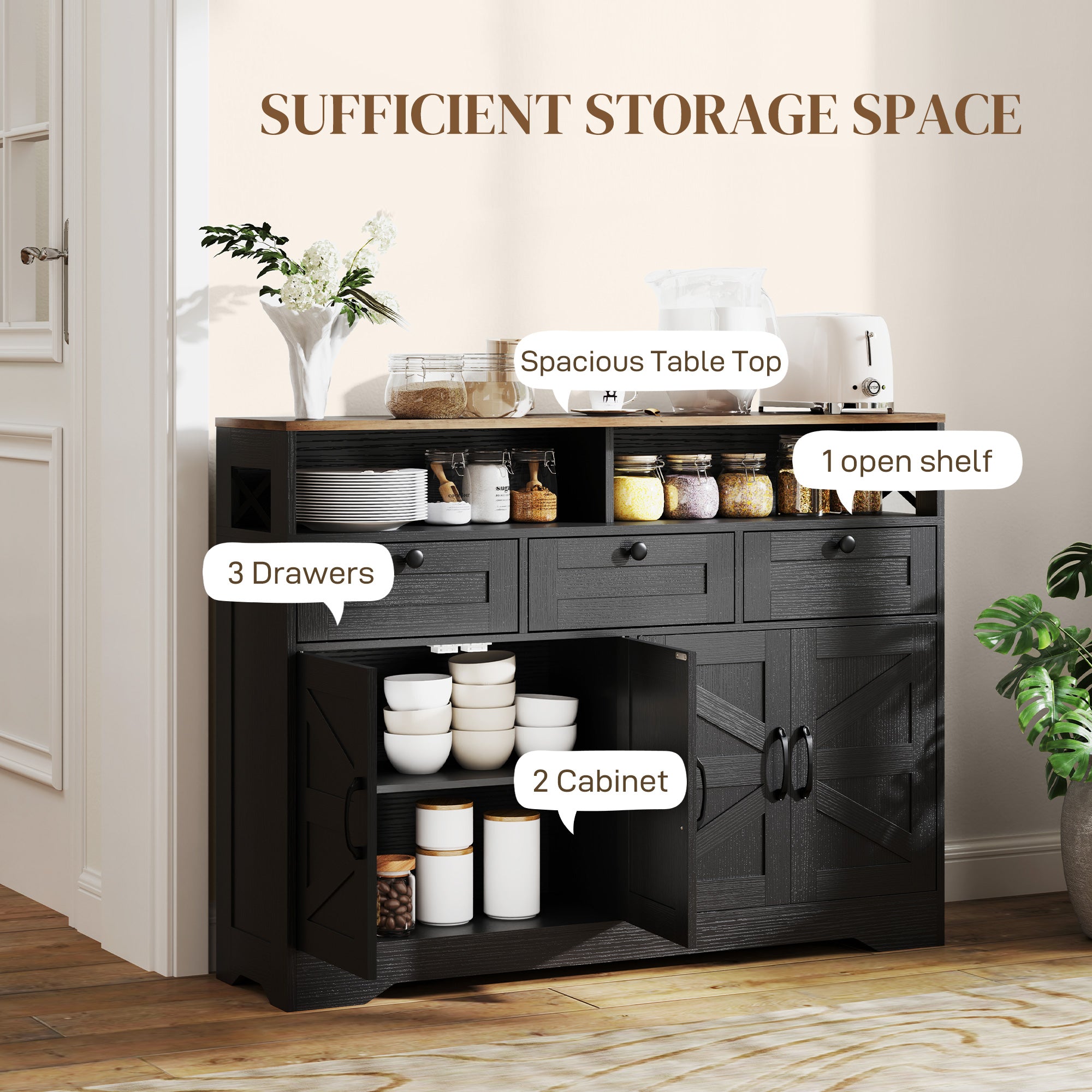 Sideboard Buffet Cabinet, Black, 4 Barn Doors, 3 Drawers, Adjustable Shelves-DECOROLALA