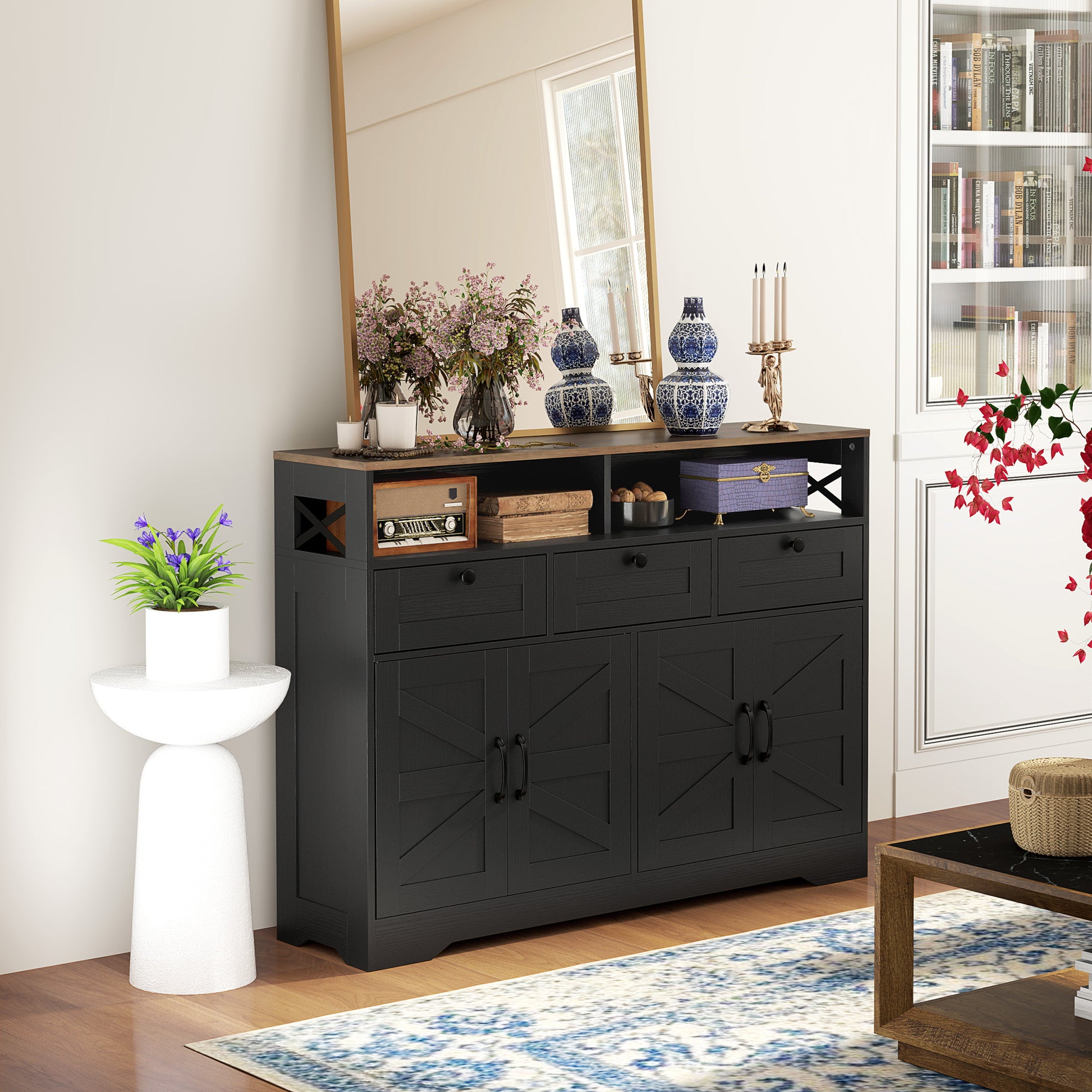 Sideboard Buffet Cabinet, Black, 4 Barn Doors, 3 Drawers, Adjustable Shelves-DECOROLALA