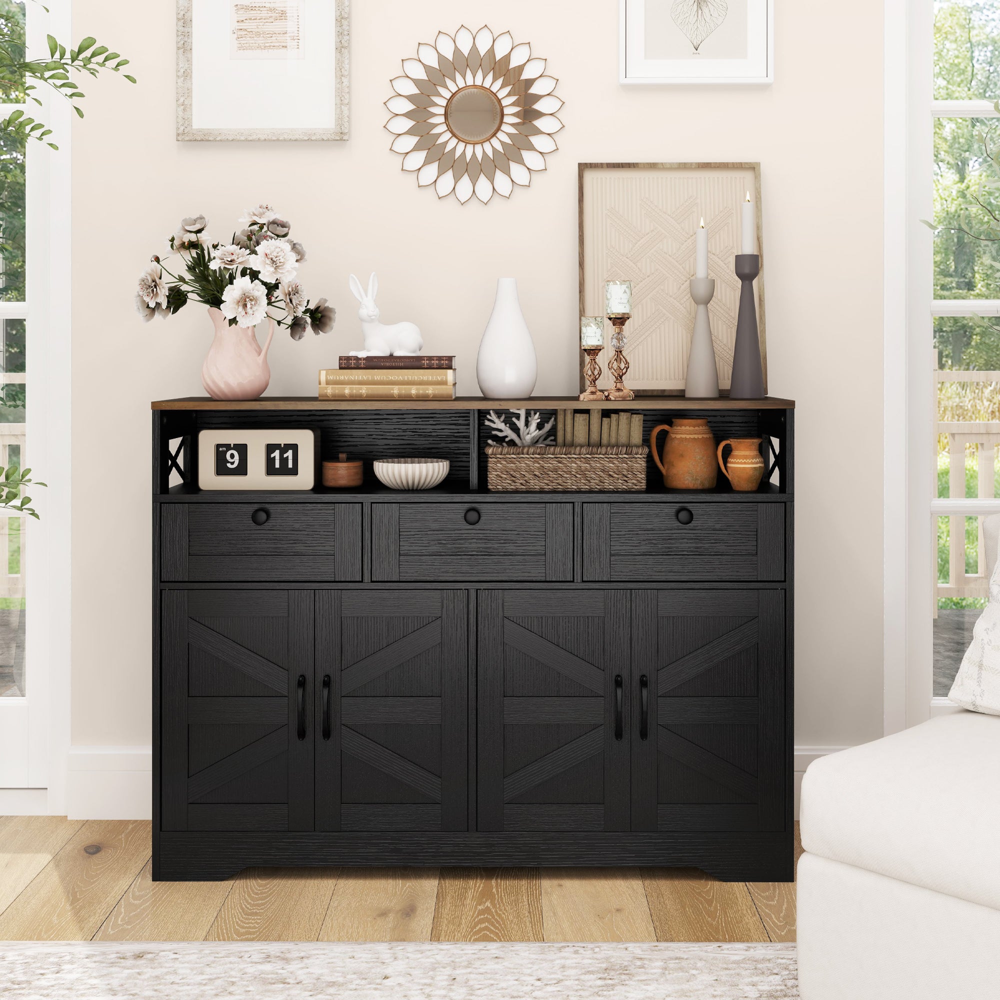 Sideboard Buffet Cabinet, Black, 4 Barn Doors, 3 Drawers, Adjustable Shelves-DECOROLALA