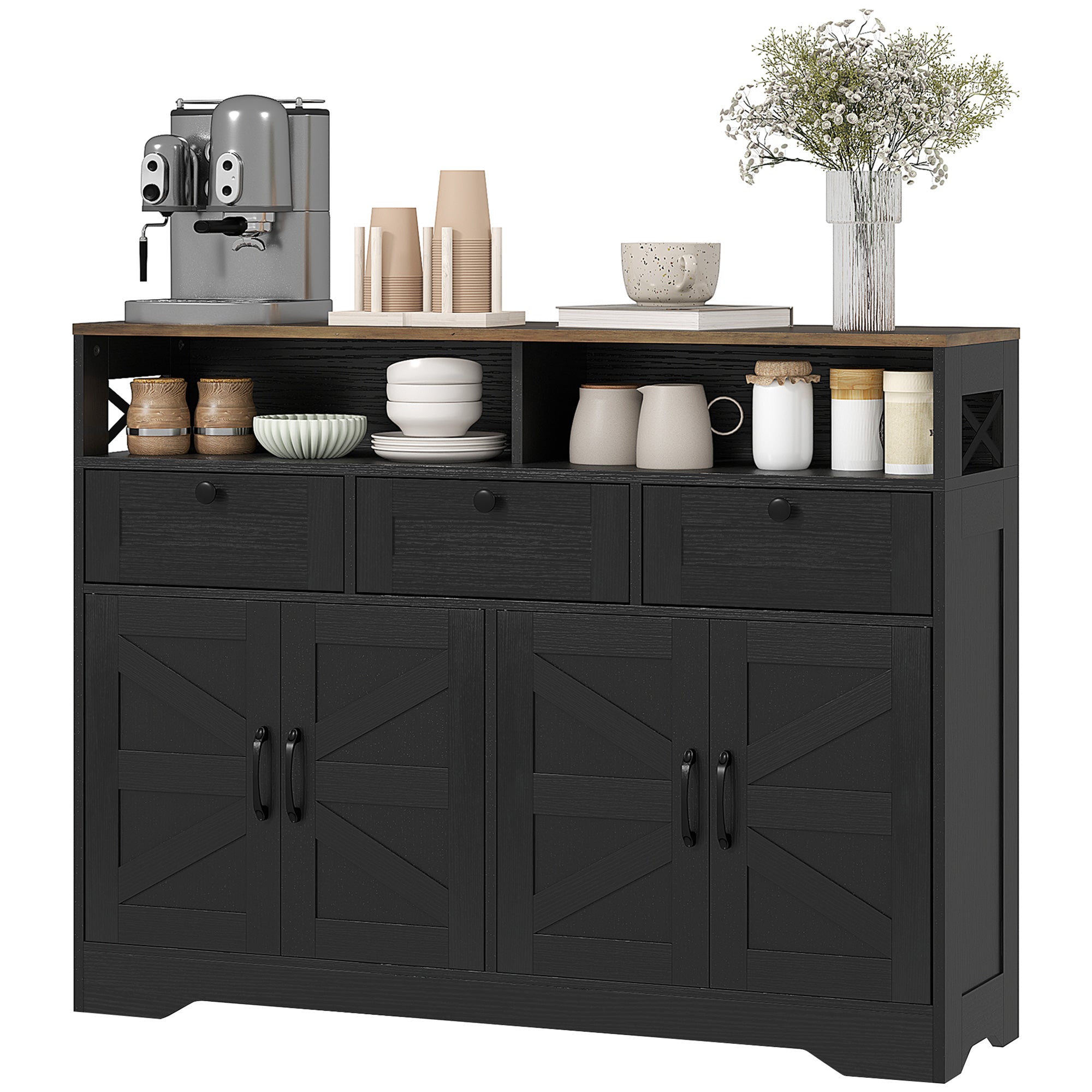 Sideboard Buffet Cabinet, Black, 4 Barn Doors, 3 Drawers, Adjustable Shelves-DECOROLALA