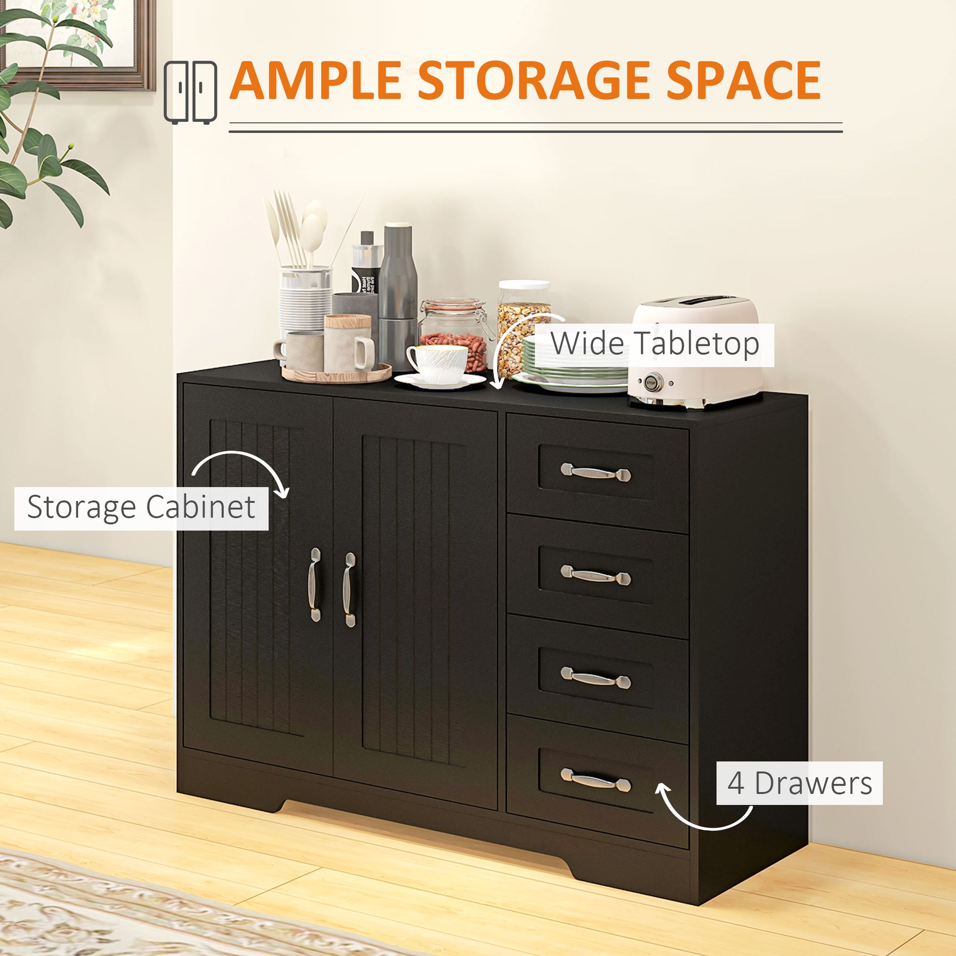 Sideboard Buffet Cabinet - Black 4 Drawer-DECOROLALA