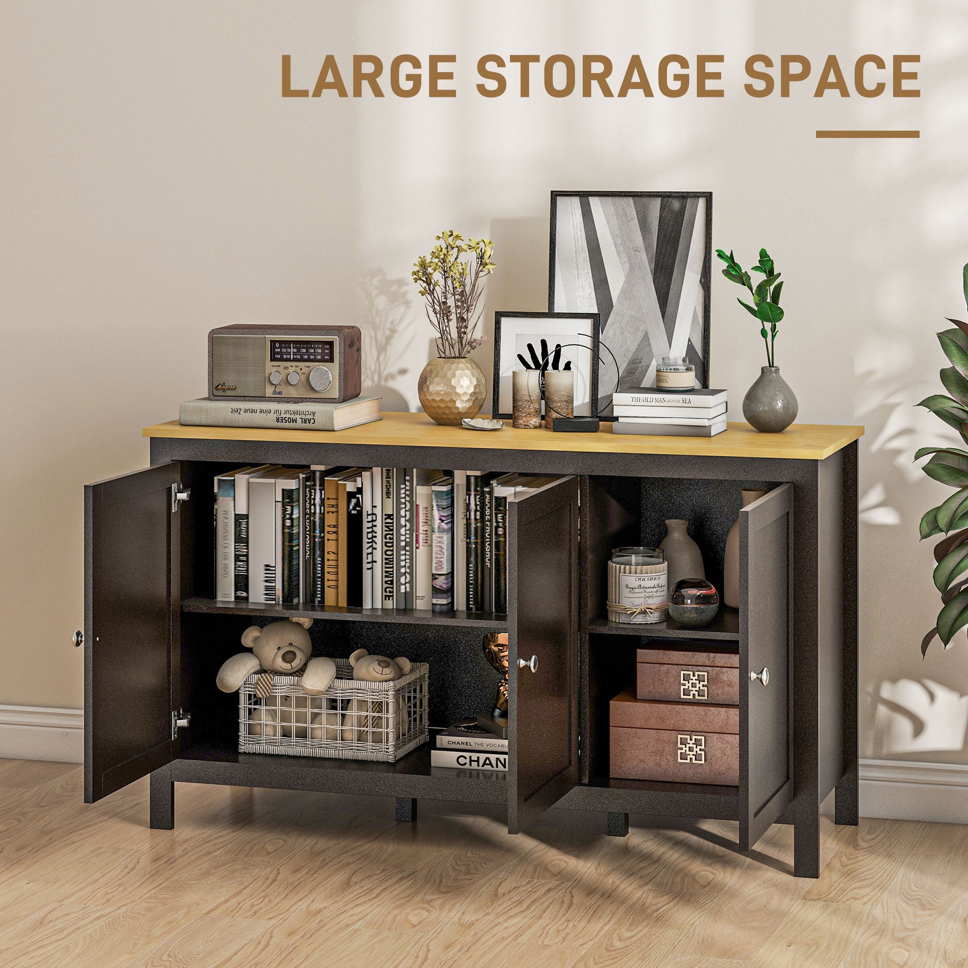 Sideboard Buffet Cabinet - Black and Natural, Adjustable Shelves, Living Room-DECOROLALA