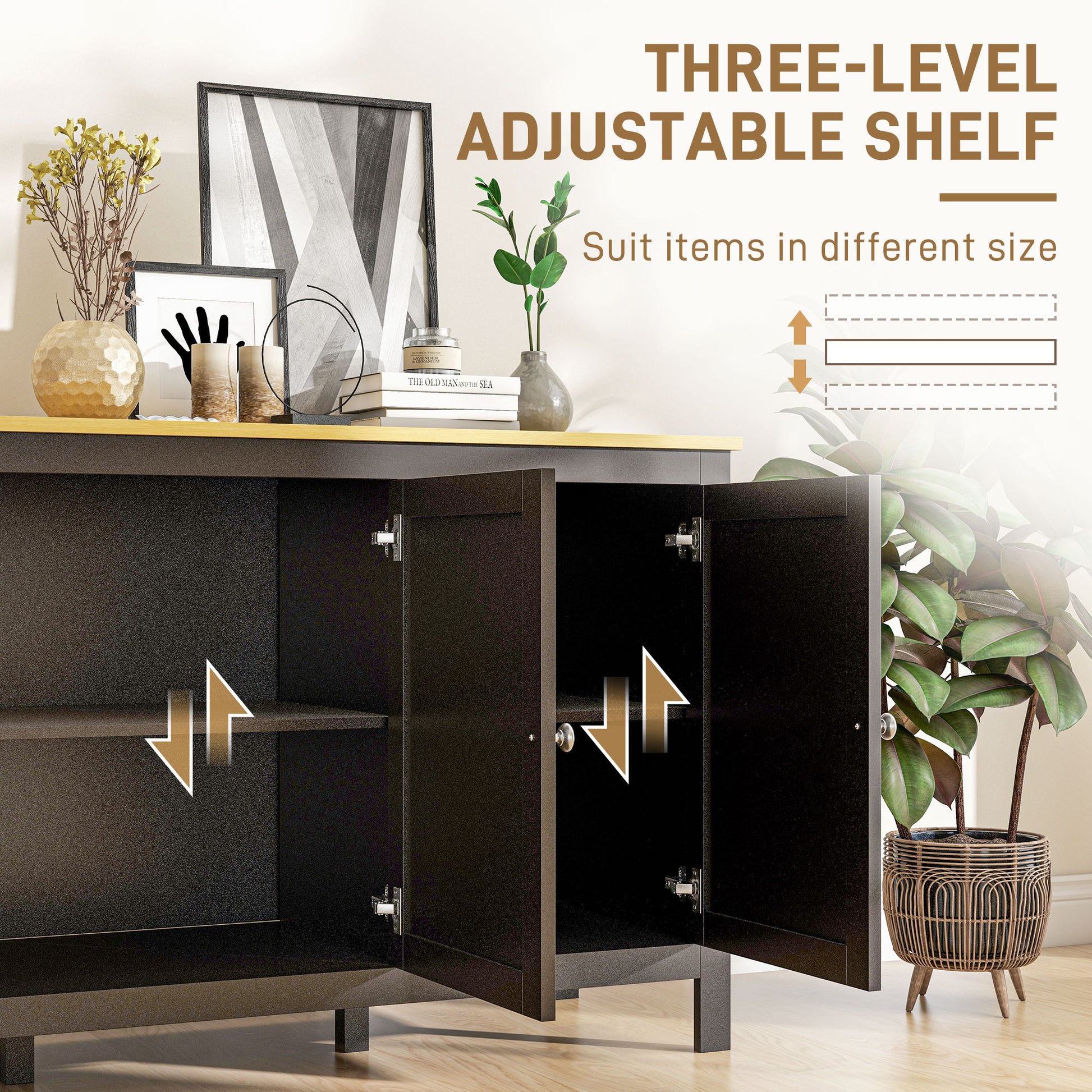 Sideboard Buffet Cabinet - Black and Natural, Adjustable Shelves, Living Room-DECOROLALA