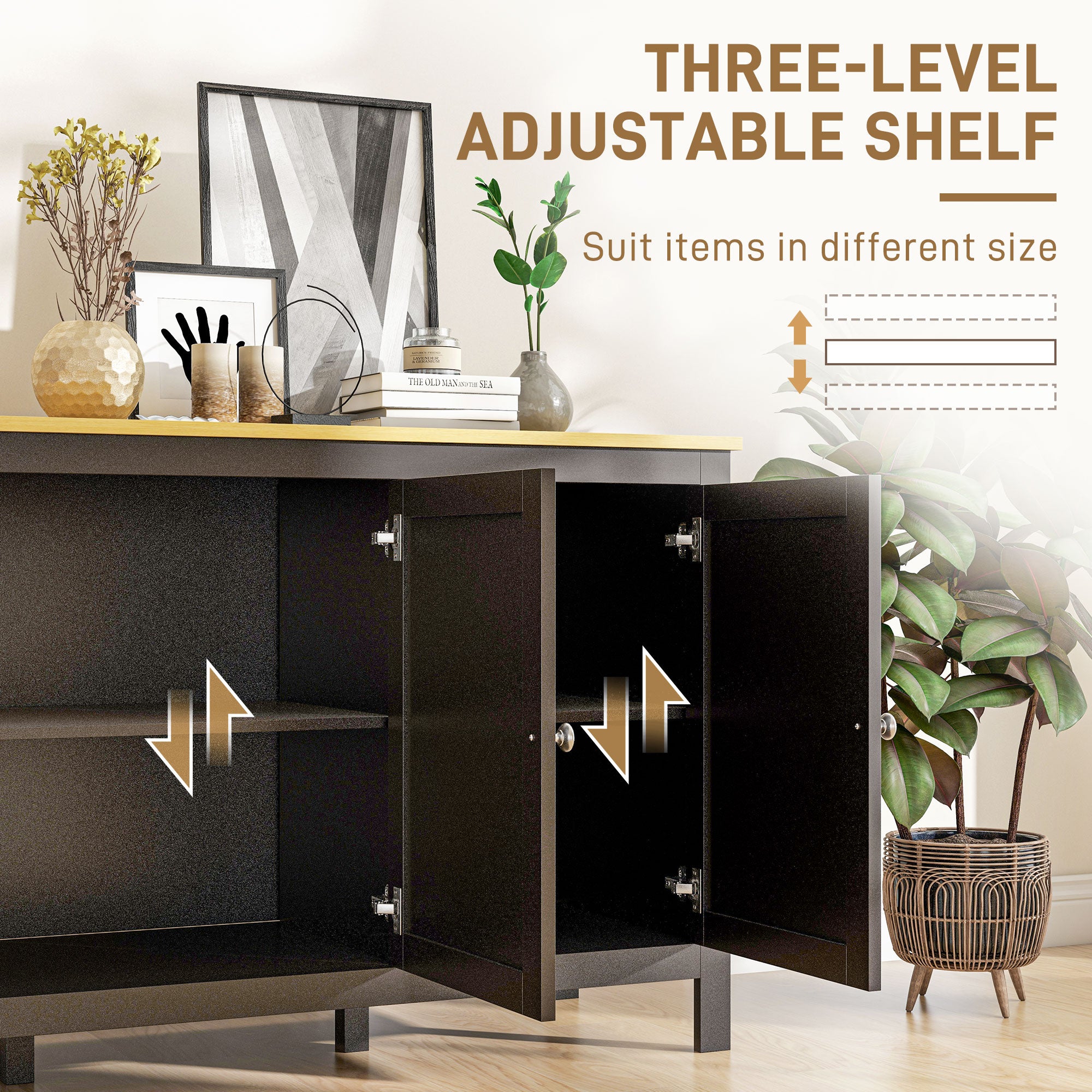 Sideboard Buffet Cabinet - Black and Natural, Adjustable Shelves, Living Room-DECOROLALA