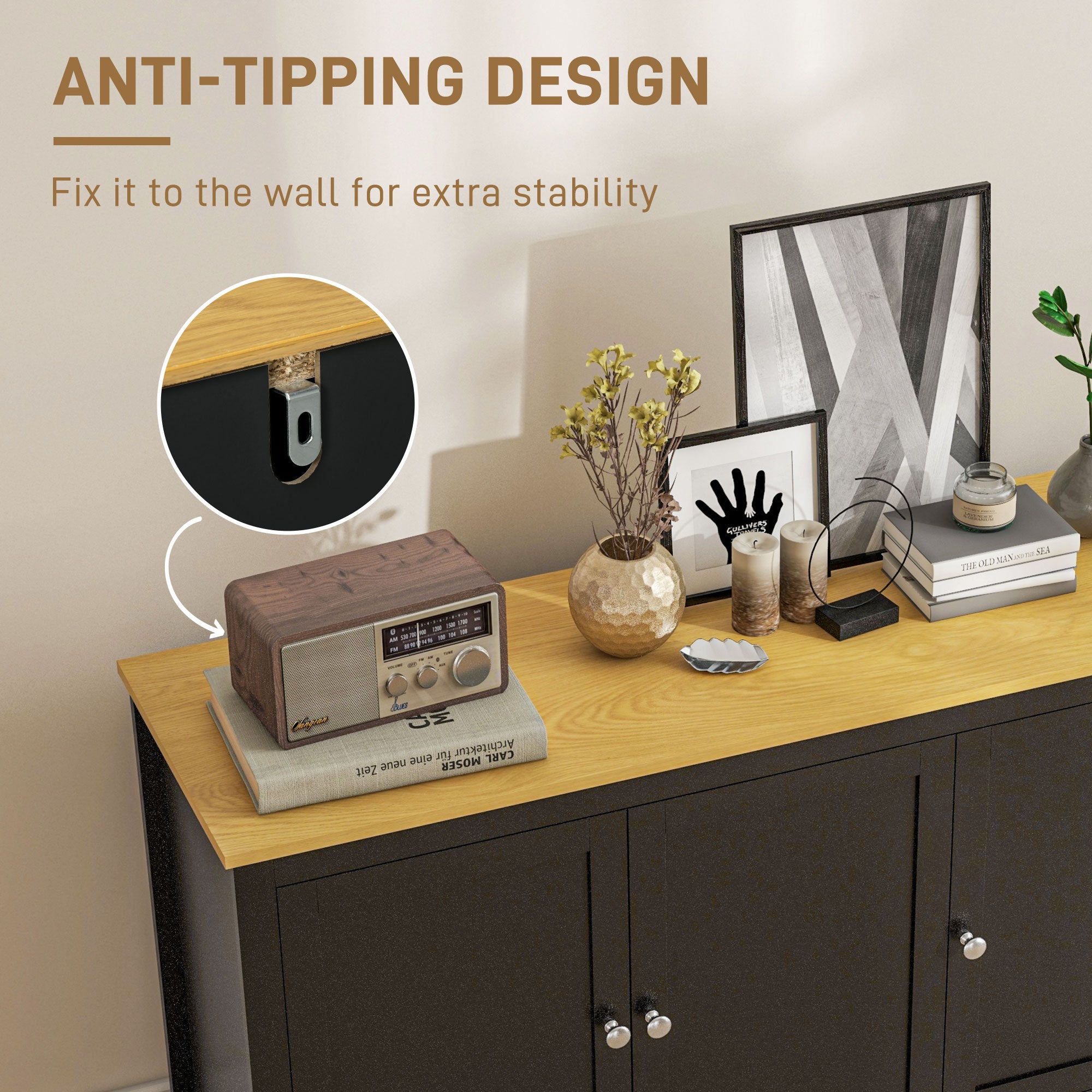 Sideboard Buffet Cabinet - Black and Natural, Adjustable Shelves, Living Room-DECOROLALA
