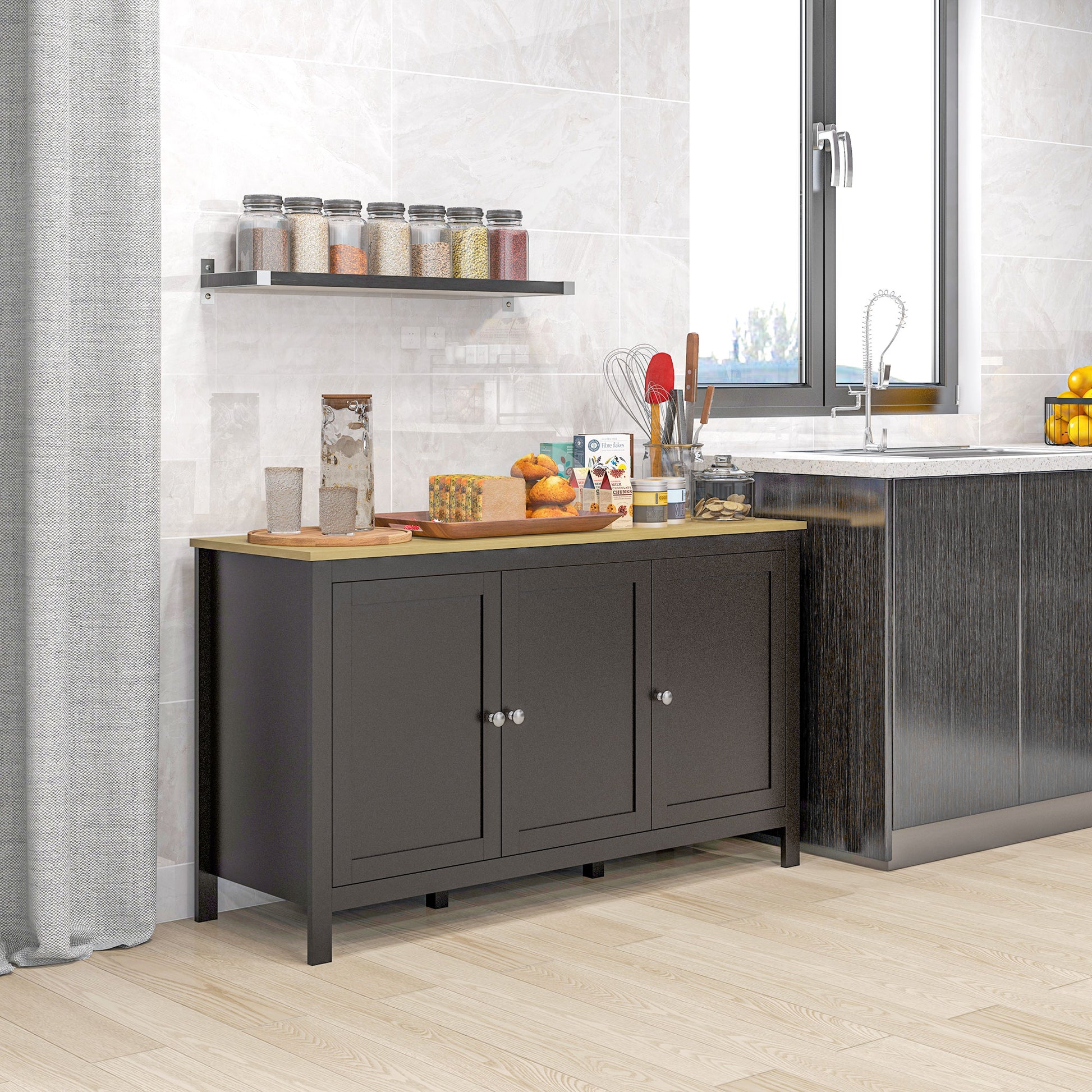 Sideboard Buffet Cabinet - Black and Natural, Adjustable Shelves, Living Room-DECOROLALA