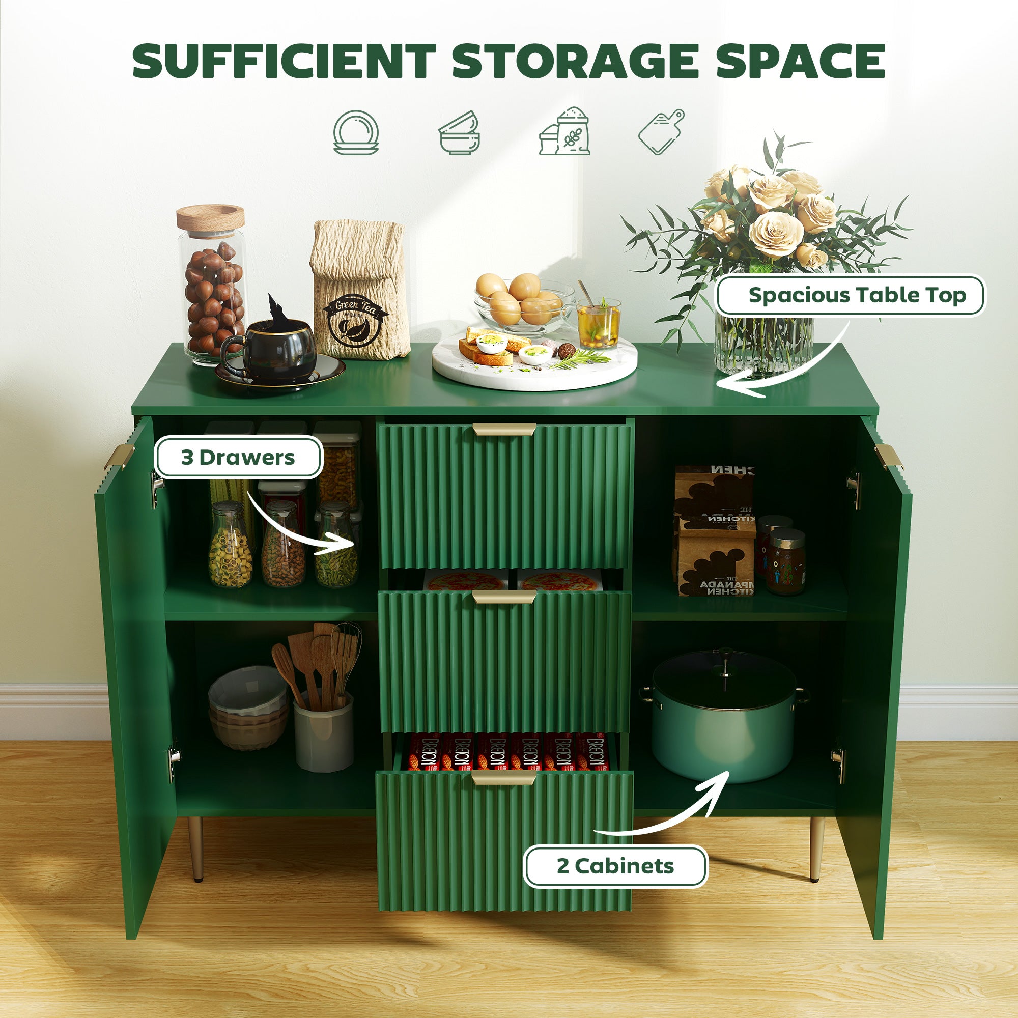 Sideboard Buffet Cabinet - Dark Green 47" Modern MDF-DECOROLALA