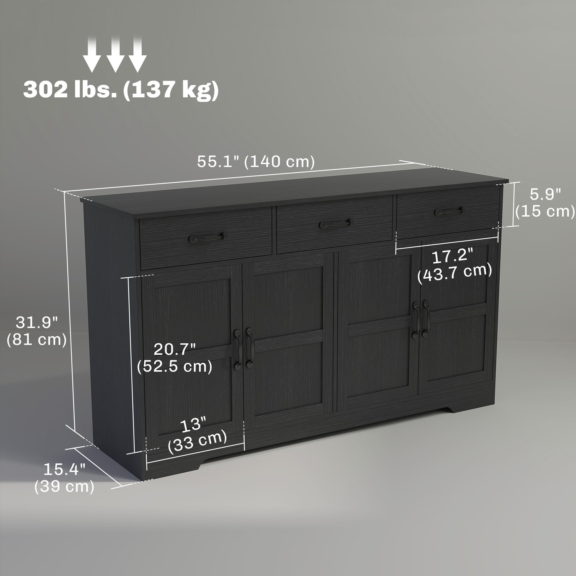 Sideboard Buffet Cabinet - Distressed Black 55" Modern-DECOROLALA