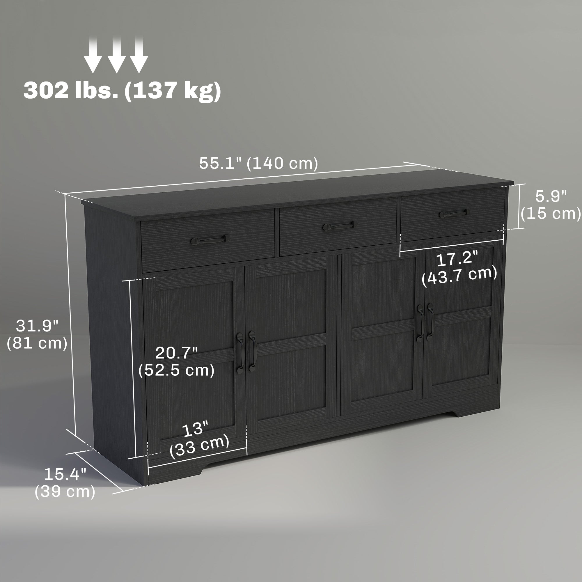 Sideboard Buffet Cabinet - Distressed Black 55" Modern-DECOROLALA