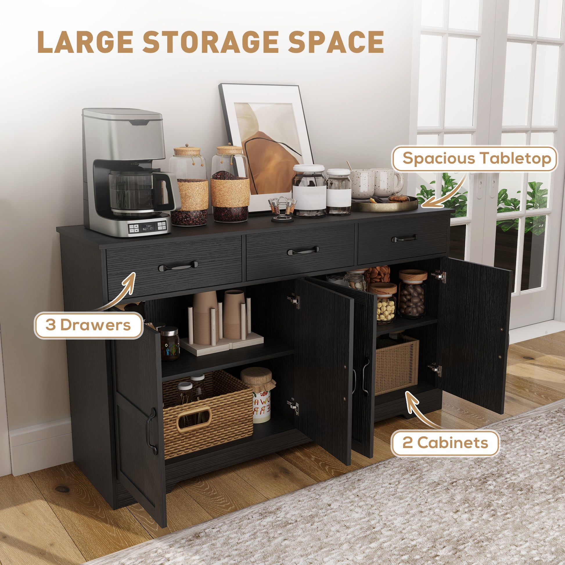 Sideboard Buffet Cabinet - Distressed Black 55" Modern-DECOROLALA