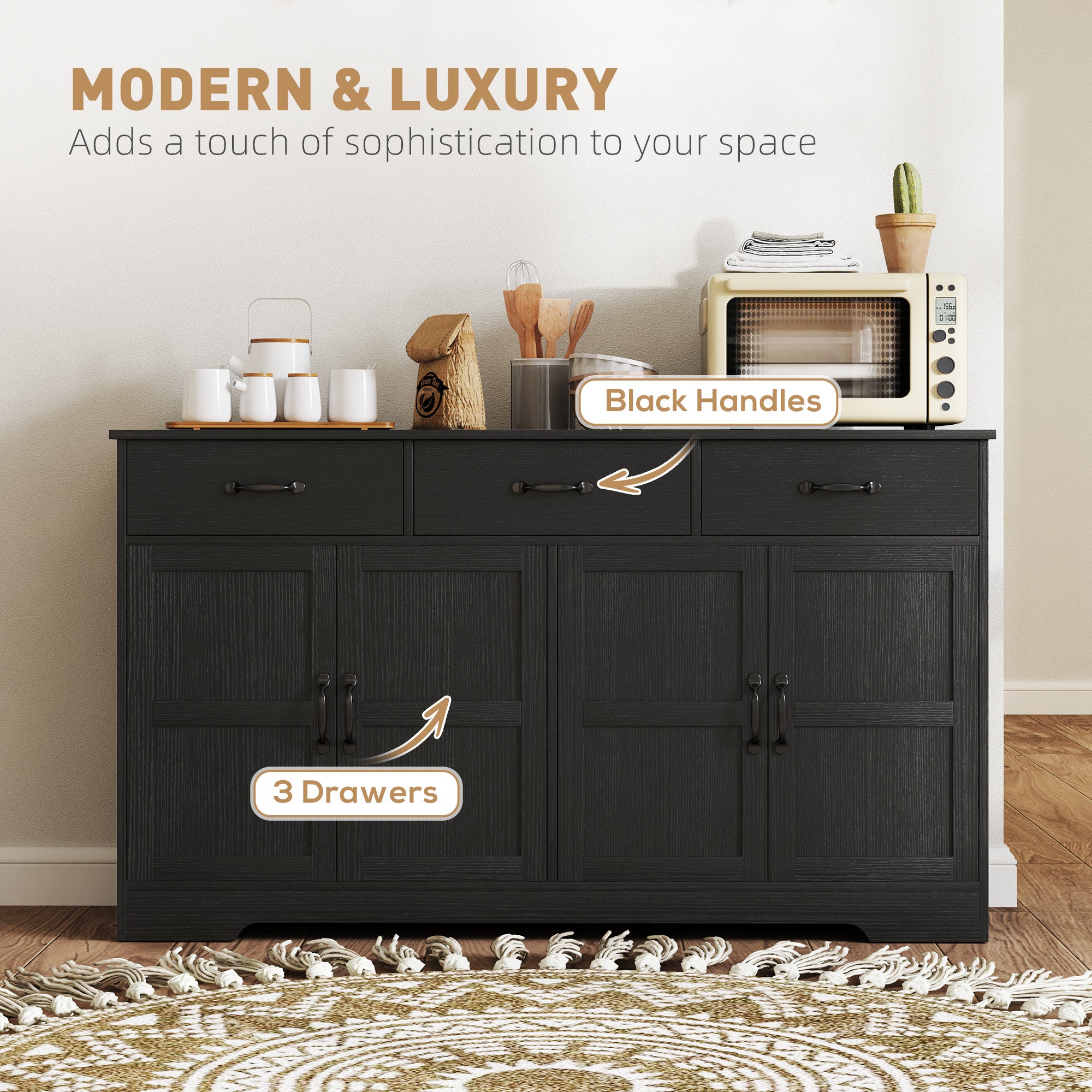 Sideboard Buffet Cabinet - Distressed Black 55" Modern-DECOROLALA