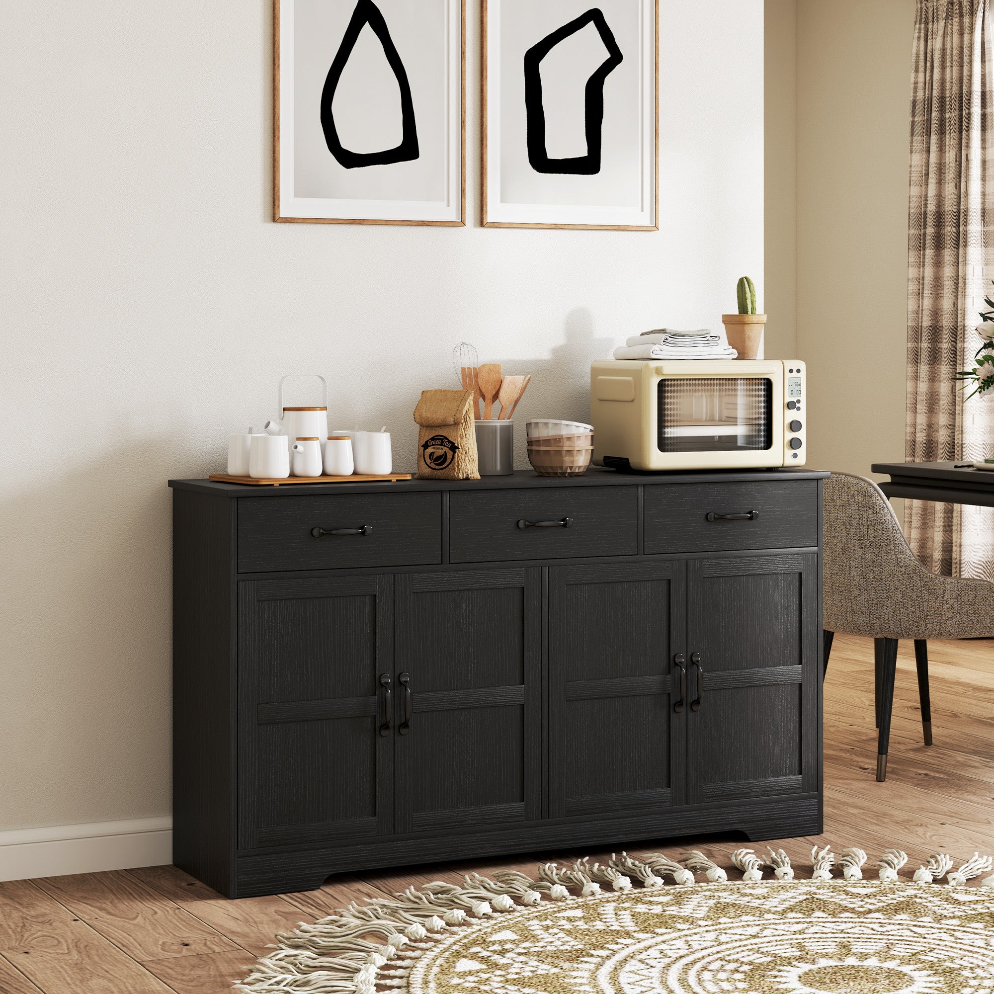 Sideboard Buffet Cabinet - Distressed Black 55" Modern-DECOROLALA