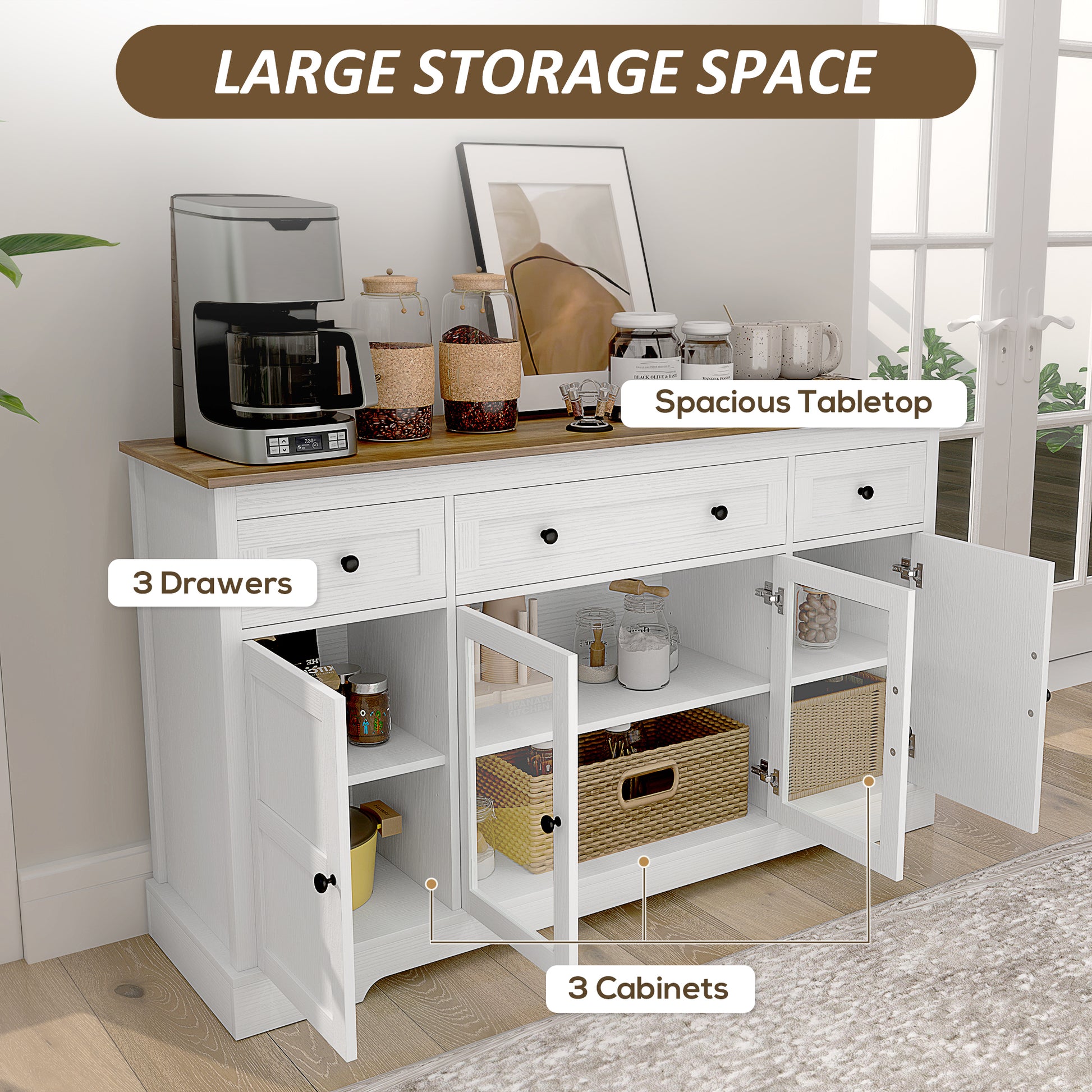Sideboard Buffet Cabinet, Distressed White, 55"W-DECOROLALA