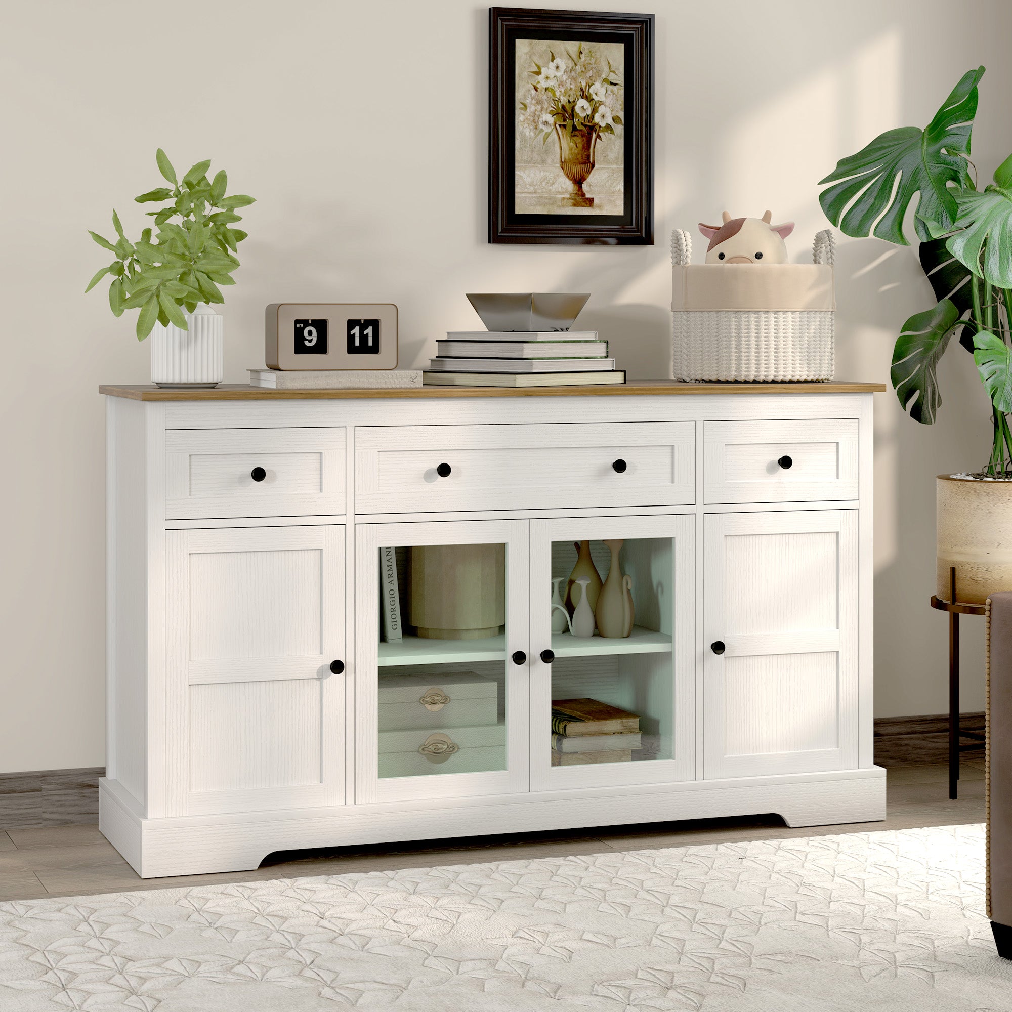 Sideboard Buffet Cabinet, Distressed White, 55"W-DECOROLALA