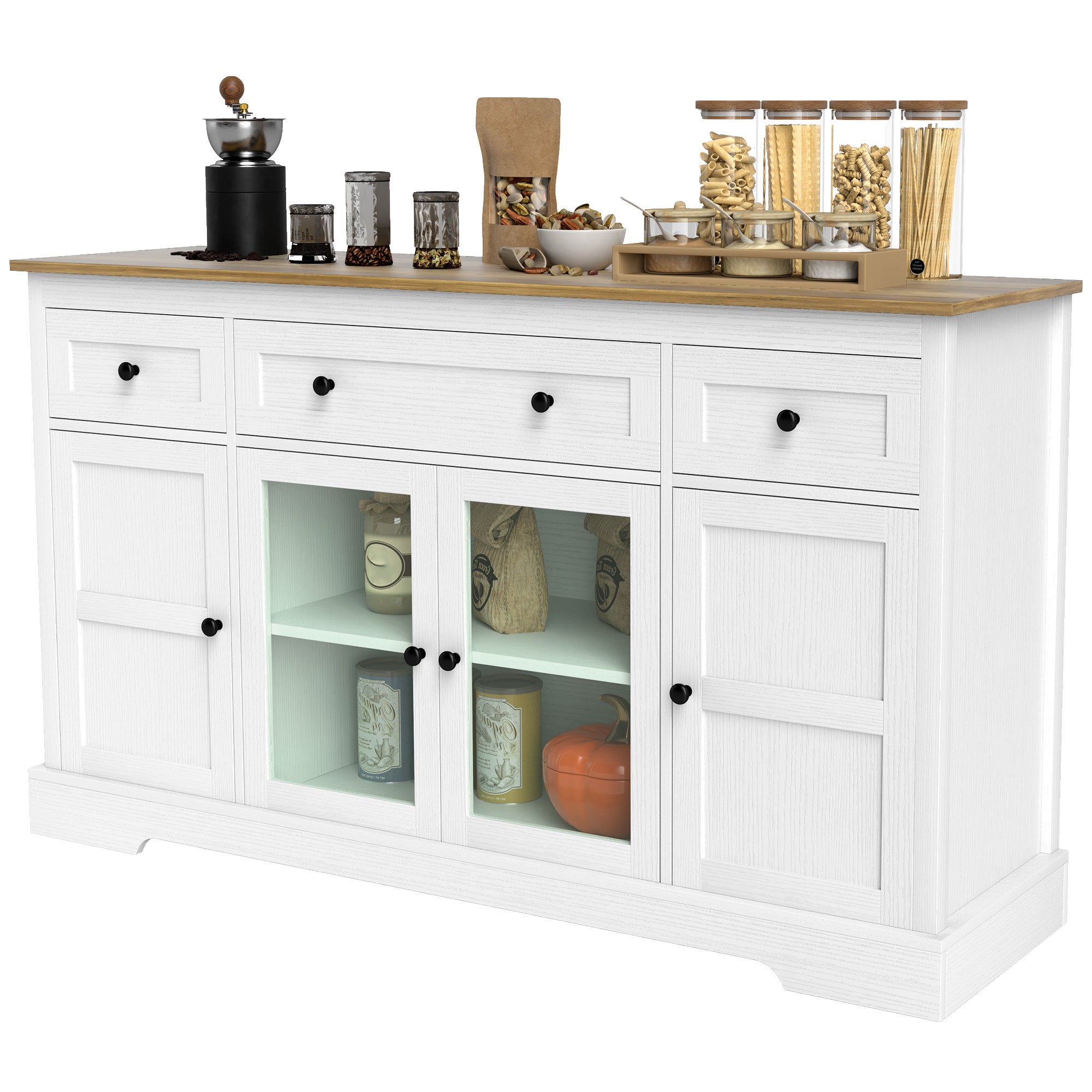 Sideboard Buffet Cabinet, Distressed White, 55"W-DECOROLALA