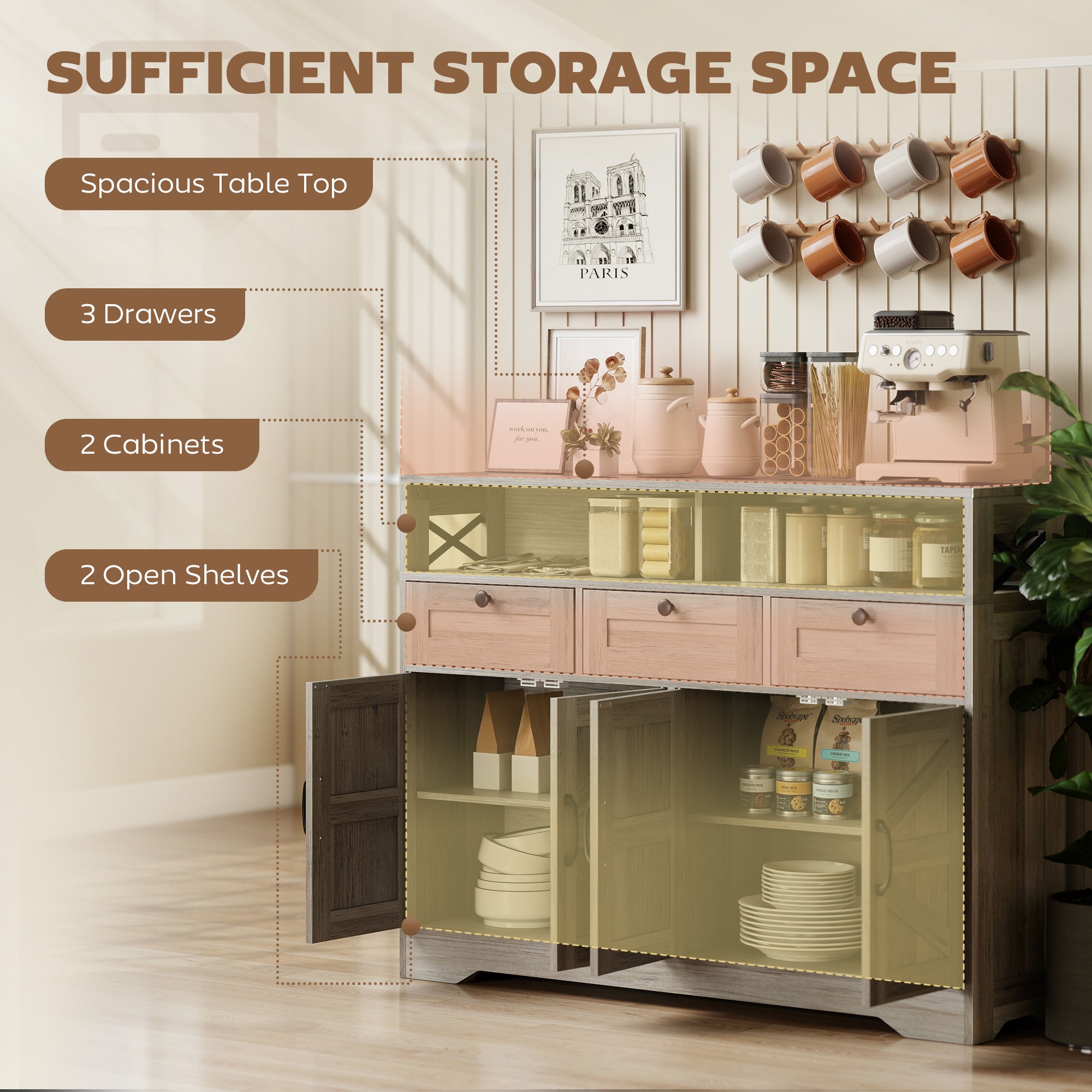 Sideboard Buffet Cabinet - Grey Barn Door Coffee Bar-DECOROLALA