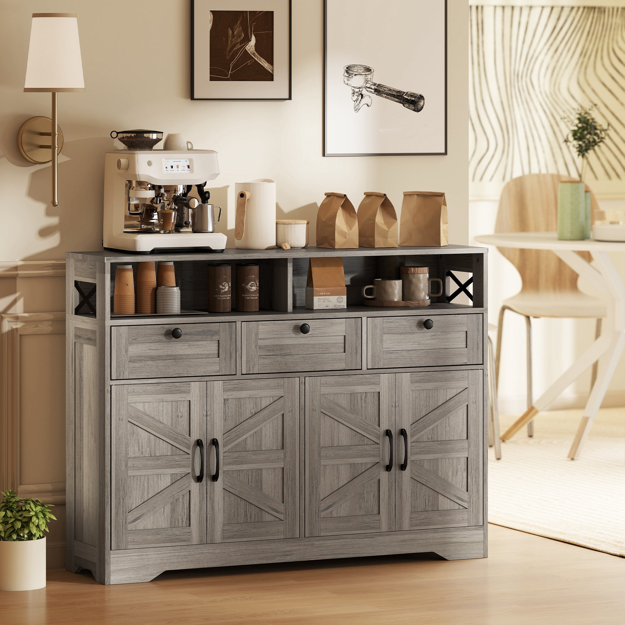 Sideboard Buffet Cabinet - Grey Barn Door Coffee Bar-DECOROLALA