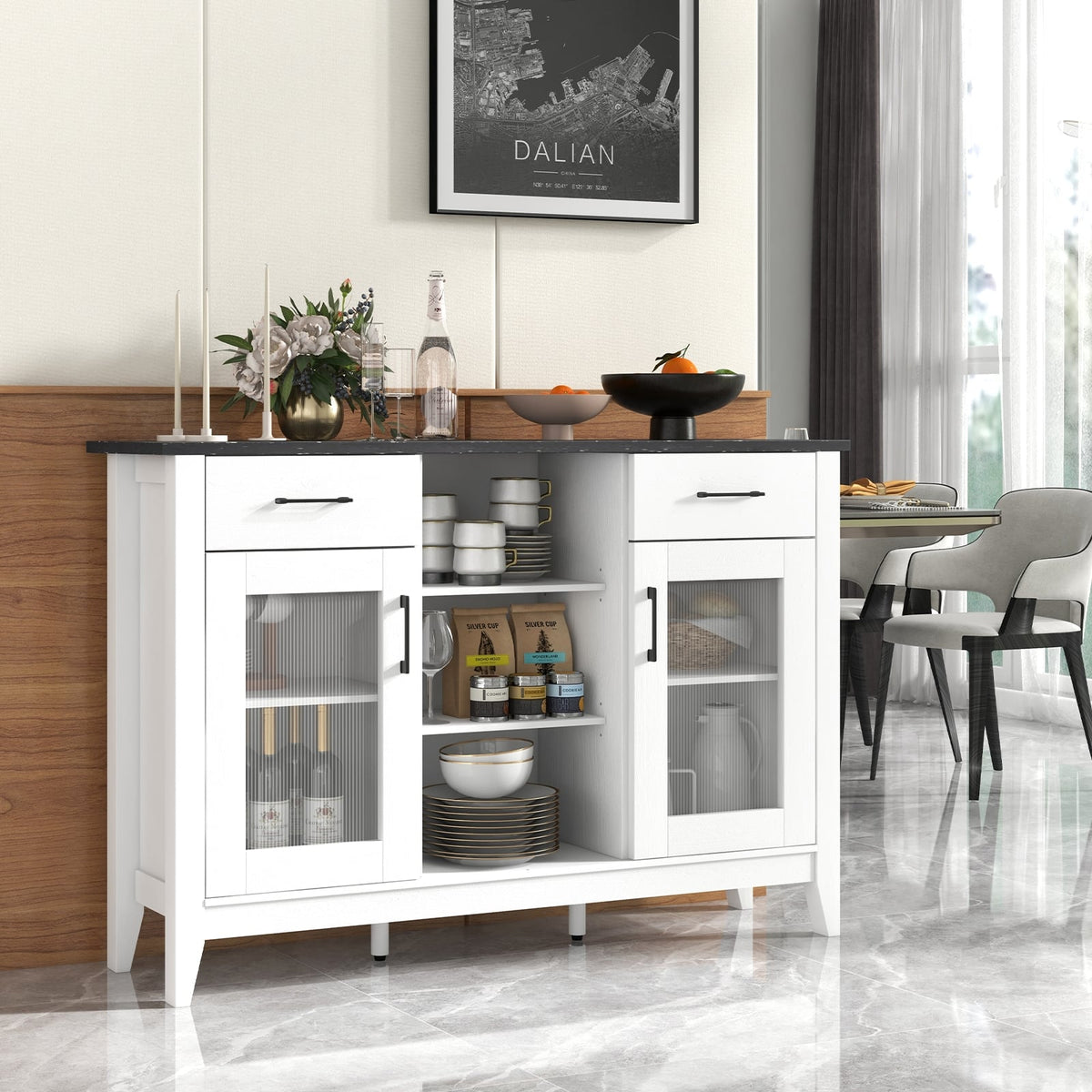 Sideboard Buffet Cabinet with 2 Drawers and 4 Adjustable Shelves-White-Sideboards & Buffets-DECOROLALA
