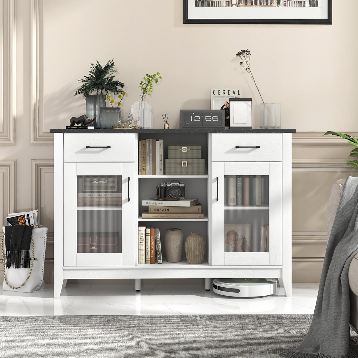 Sideboard Buffet Cabinet with 2 Drawers and 4 Adjustable Shelves-White-Sideboards & Buffets-DECOROLALA