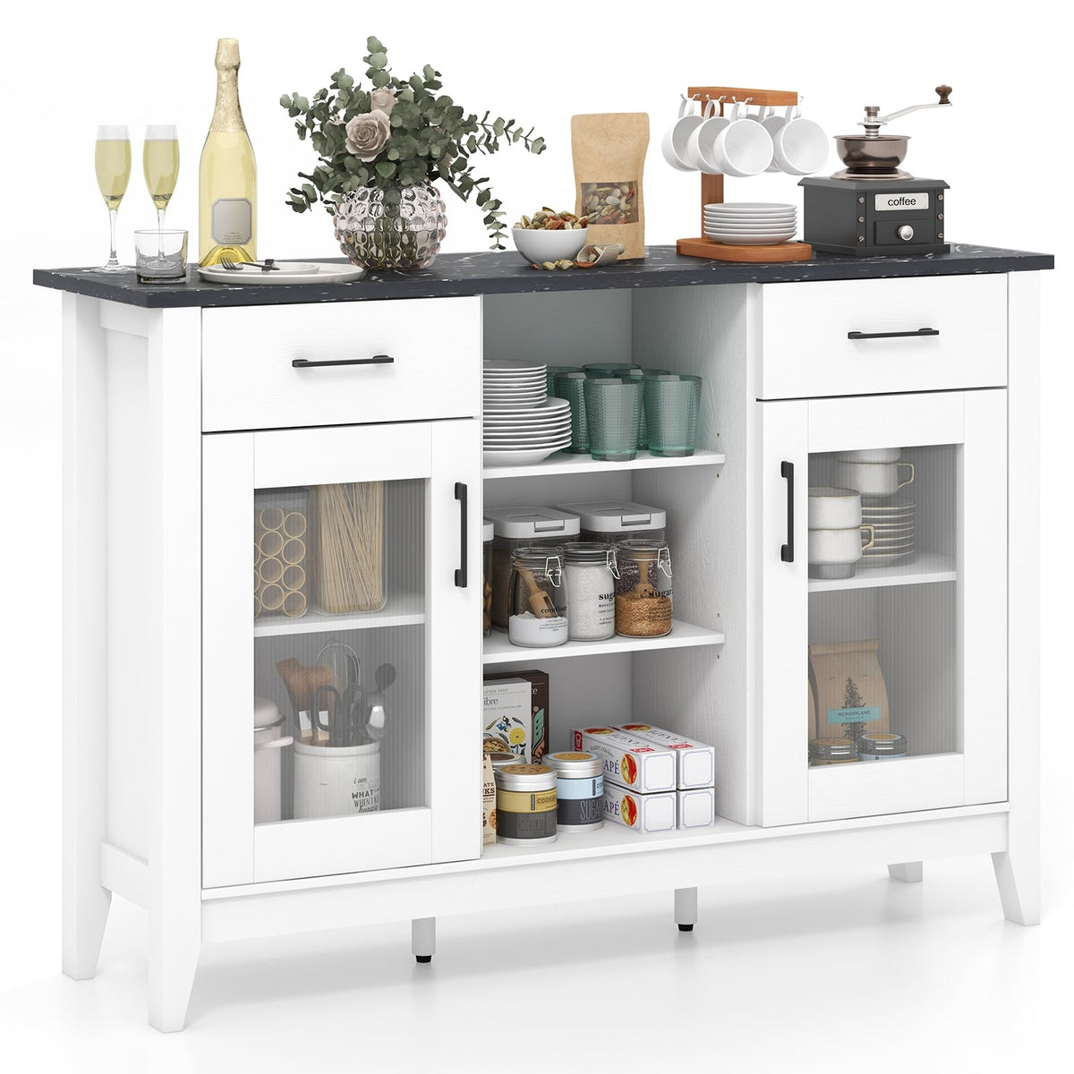 Sideboard Buffet Cabinet with 2 Drawers and 4 Adjustable Shelves-White-Sideboards & Buffets-DECOROLALA
