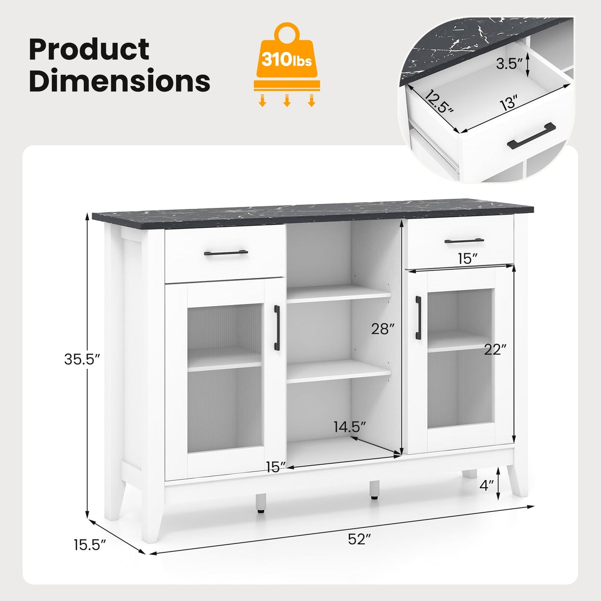Sideboard Buffet Cabinet with 2 Drawers and 4 Adjustable Shelves-White-Sideboards & Buffets-DECOROLALA