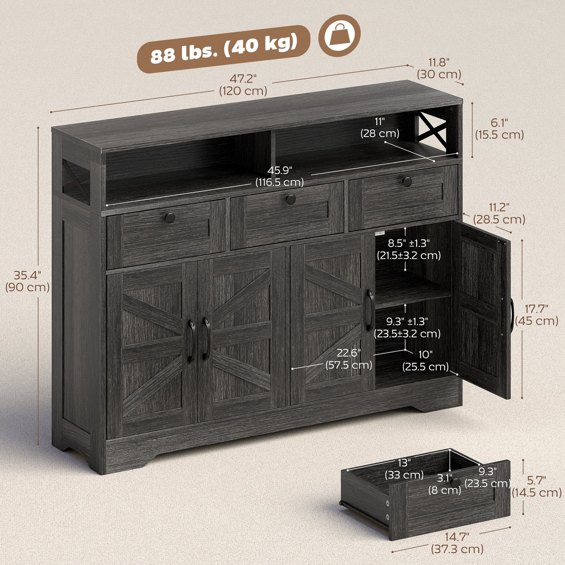Sideboard Buffet Cabinet with 4 Barn Doors - Dark Brown-DECOROLALA