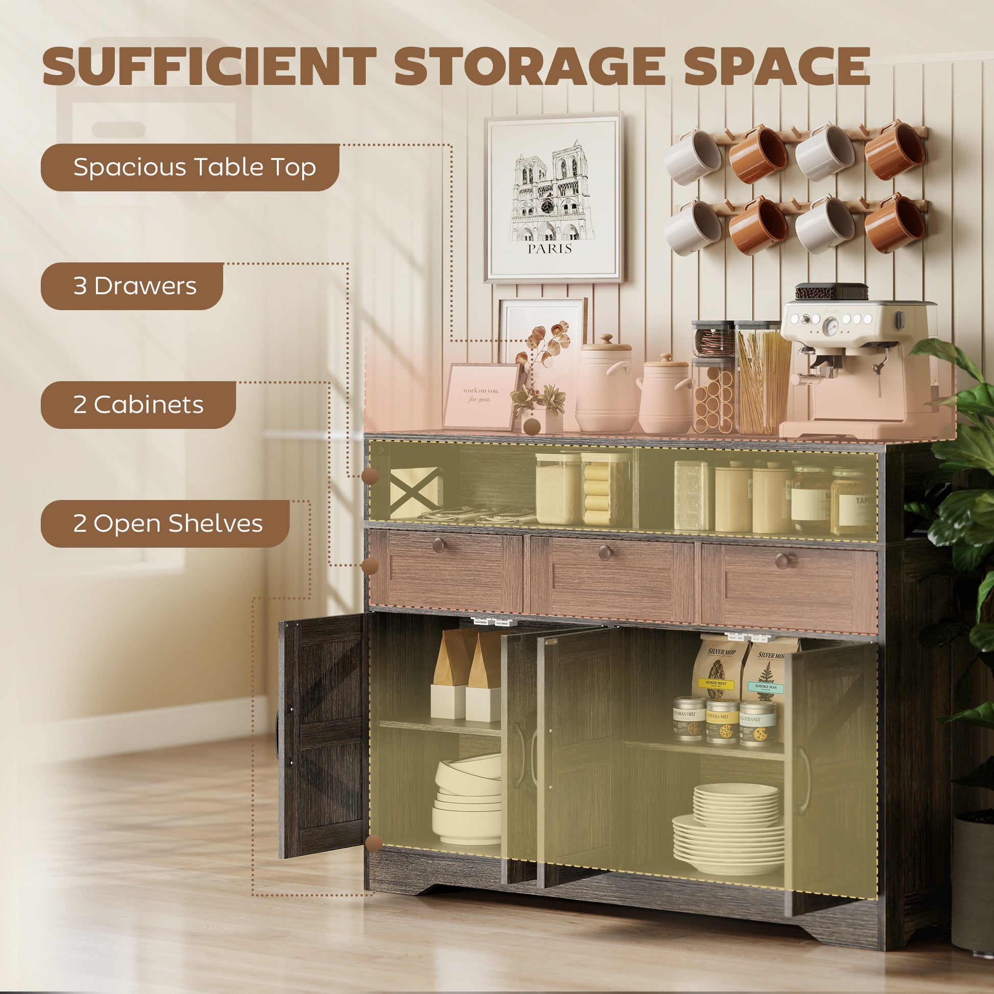 Sideboard Buffet Cabinet with 4 Barn Doors - Dark Brown-DECOROLALA