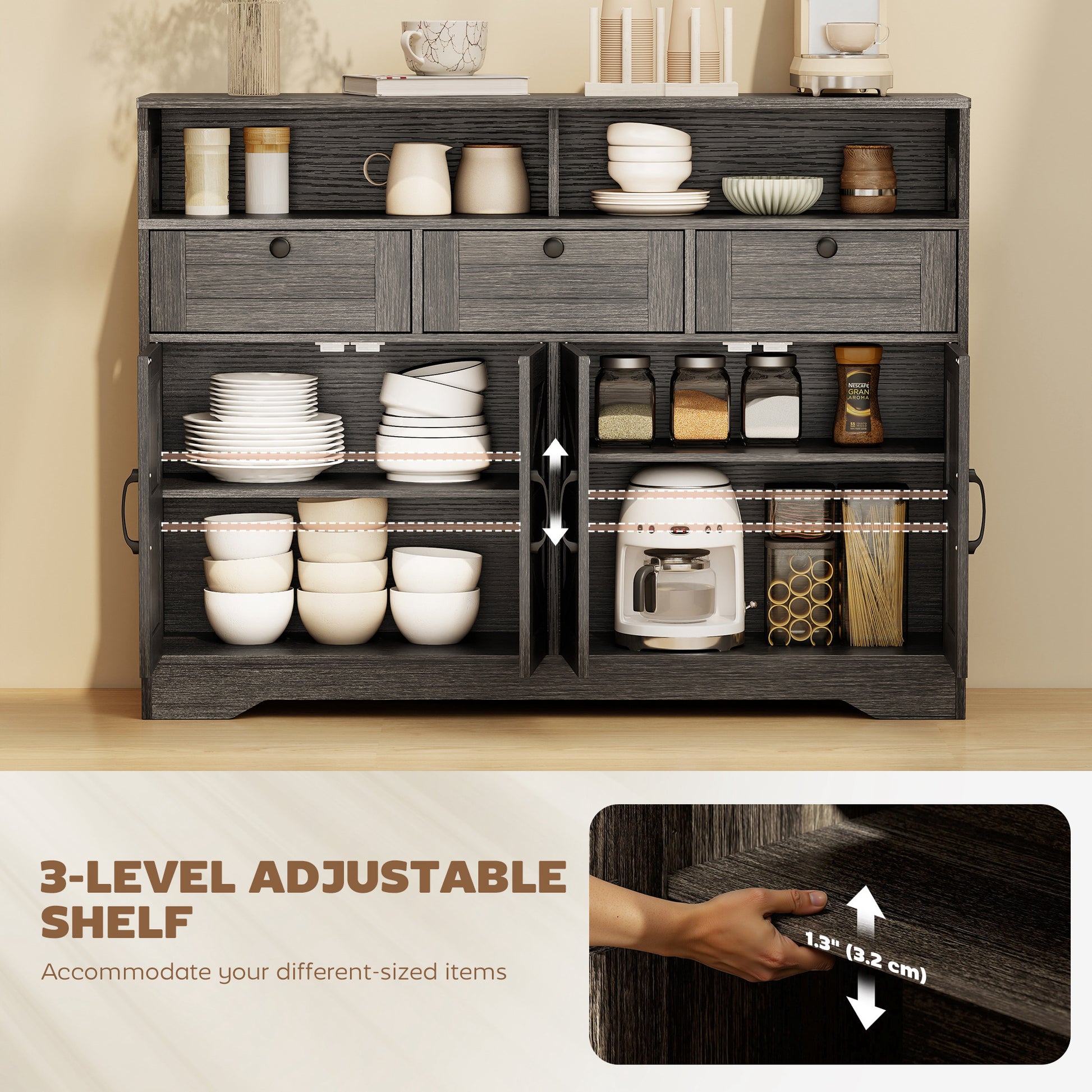 Sideboard Buffet Cabinet with 4 Barn Doors - Dark Brown-DECOROLALA