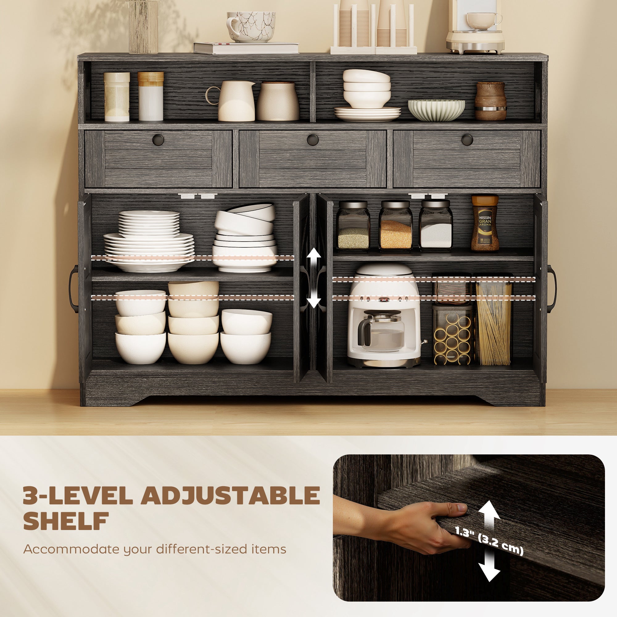 Sideboard Buffet Cabinet with 4 Barn Doors - Dark Brown-DECOROLALA